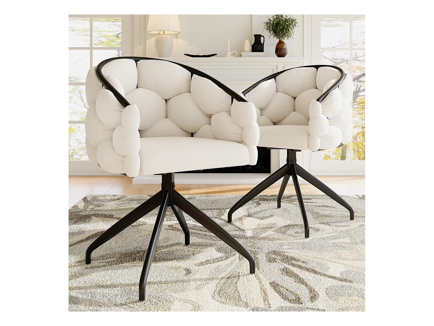 Lot de 2 chaises de salle à manger pivotantes - 61 x 59 x 77.5 cm - Velours et pieds en fer - Beige + noir