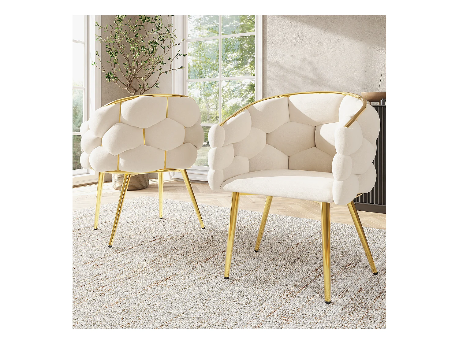 Lot de 2 chaises de salle à manger avec accoudoirs, chaises de maquillage - 62 x 46 x 74 cm - Velours et pieds en fer doré - Beige