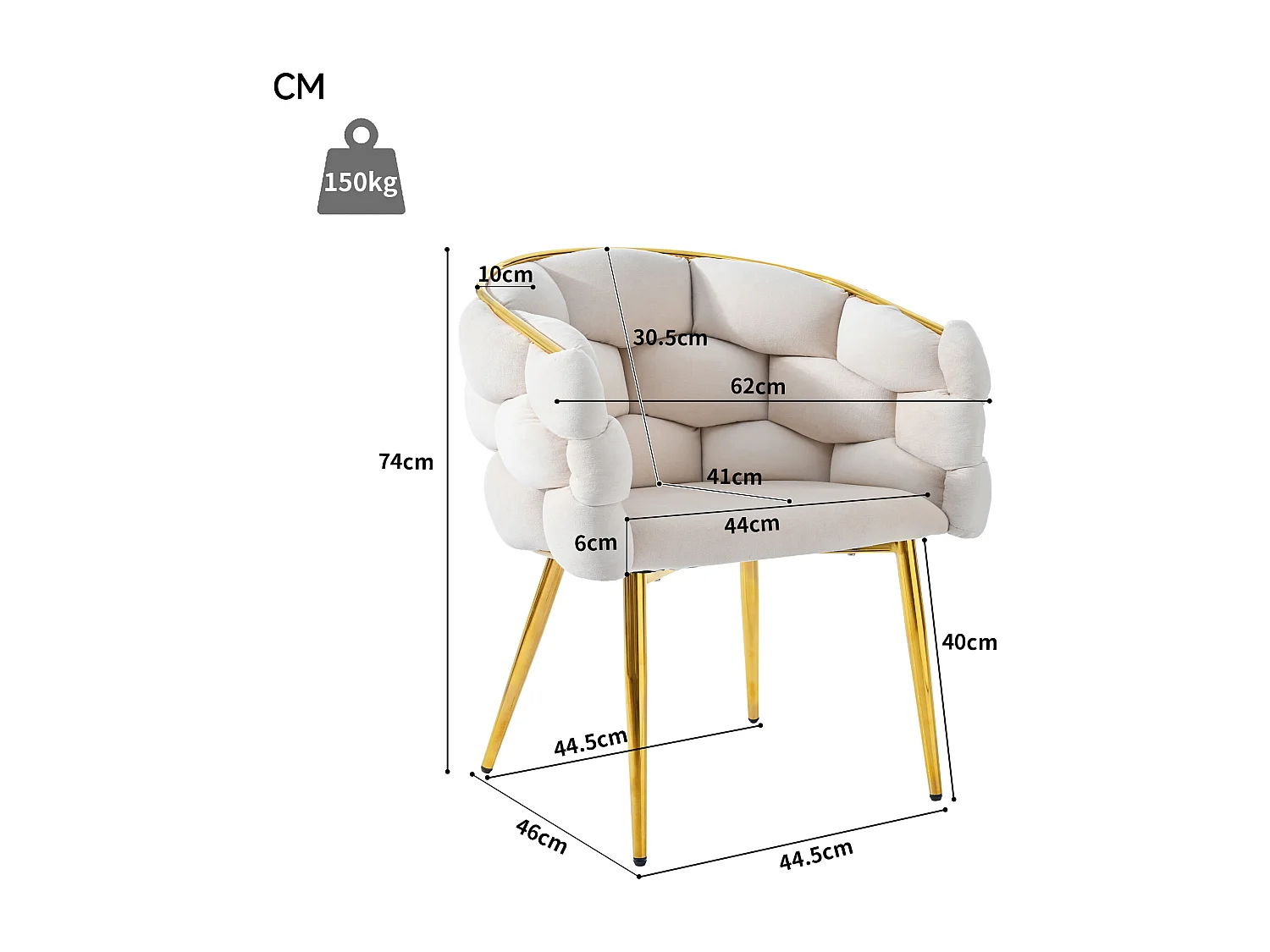 4er-Set Esszimmerstühle mit Armlehnen, Schminkstühle - 62 x 46 x 74 cm - Samt und goldene Eisenbeine - Beige