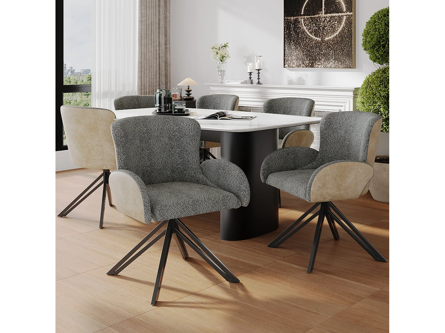 Lot de 6 Chaises de salle à manger pivotante avec accoudoirs - 46 x 50 x 86 cm - Velours et pieds en fer noir - Gris