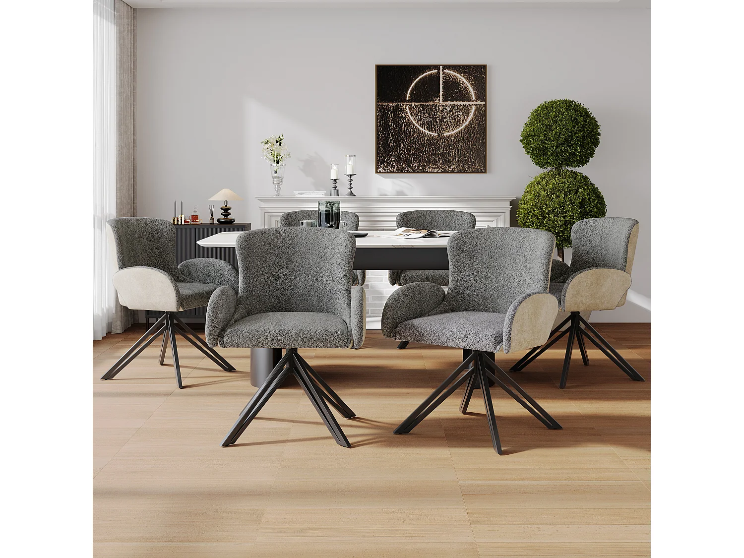 Lot de 6 Chaises de salle à manger pivotante avec accoudoirs - 46 x 50 x 86 cm - Velours et pieds en fer noir - Gris