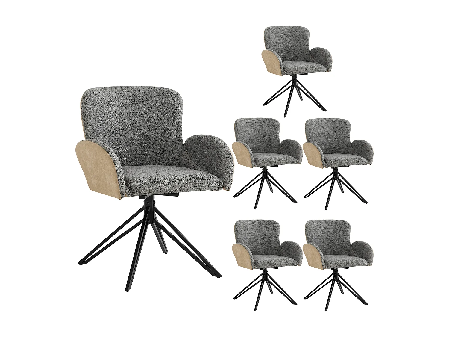 Lot de 6 Chaises de salle à manger pivotante avec accoudoirs - 46 x 50 x 86 cm - Velours et pieds en fer noir - Gris