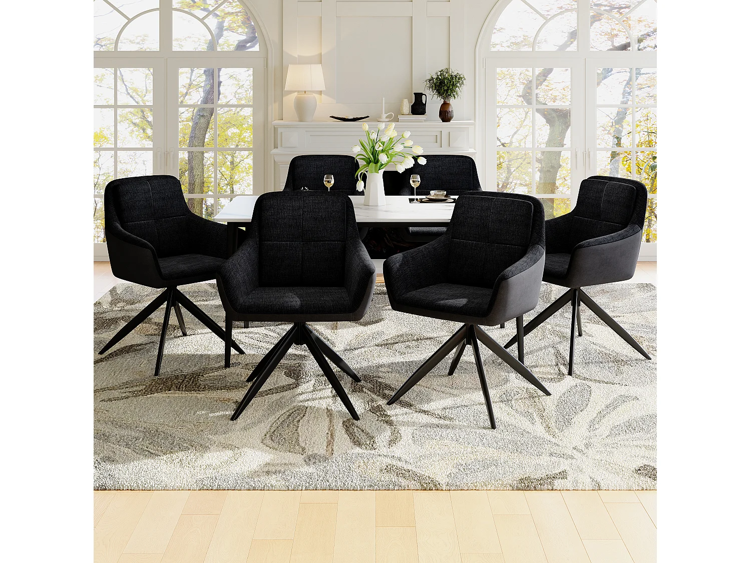 Lot de 6 chaises de salle à manger pivotantes avec dossier et accoudoirs - 60 x 61 x 81.5 cm - Velours - Noir