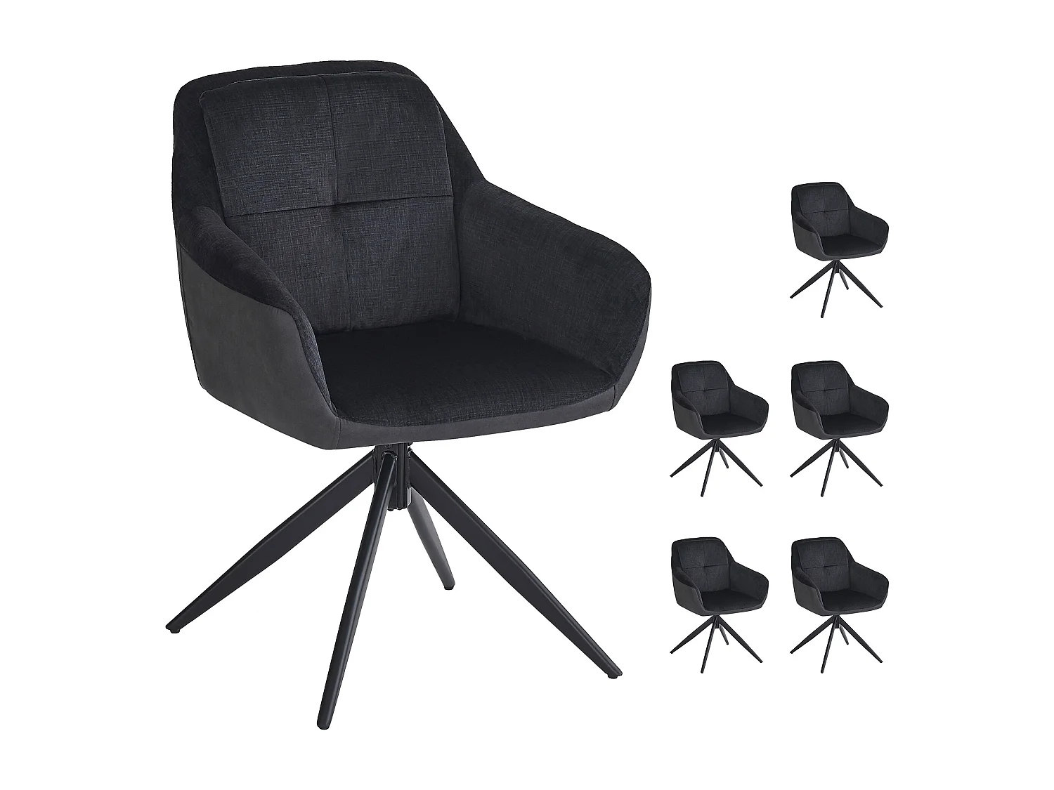 Lot de 6 chaises de salle à manger pivotantes avec dossier et accoudoirs - 60 x 61 x 81.5 cm - Velours - Noir