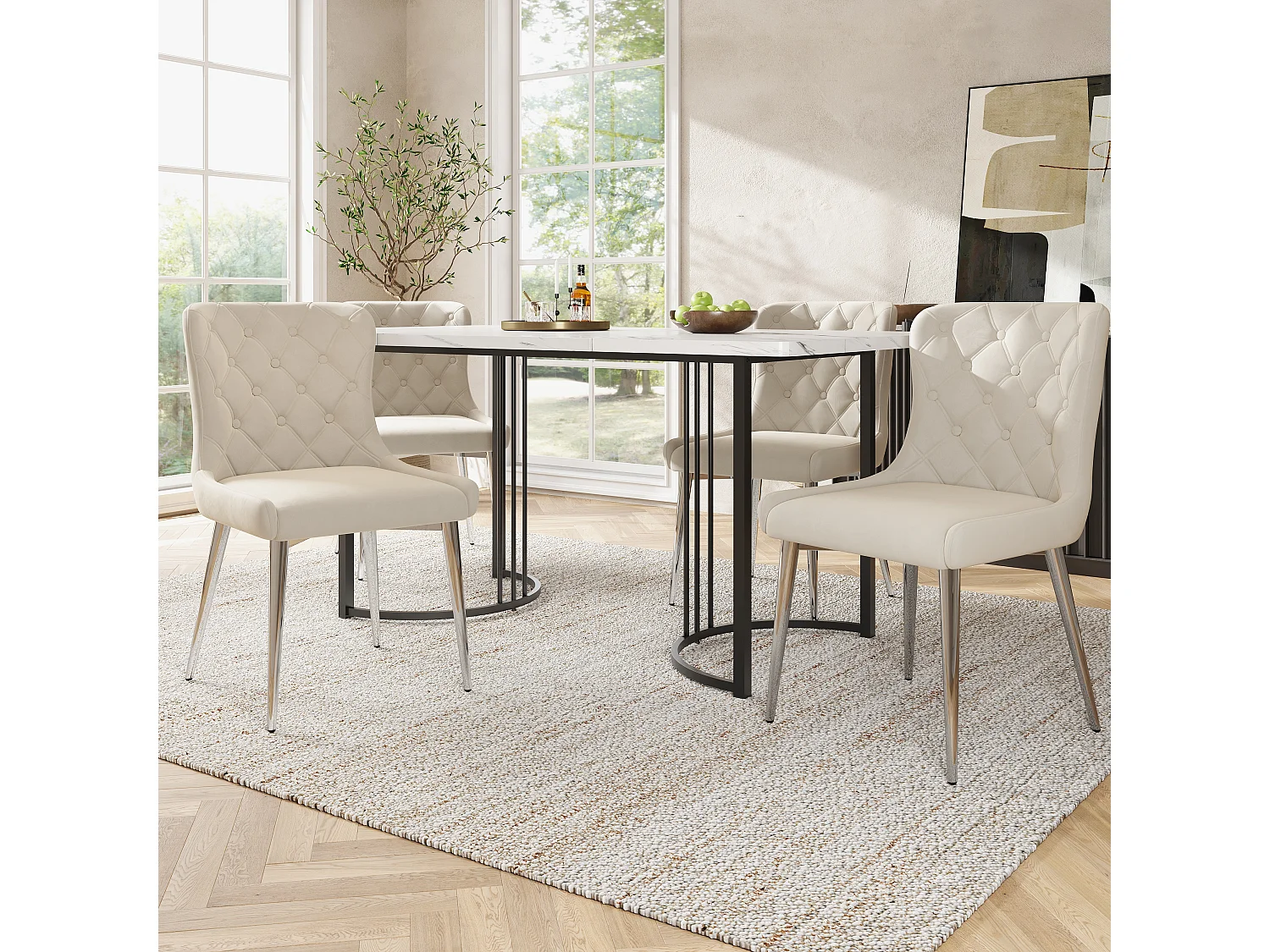 Lot de 4 chaises de salle à manger sans accoudoirs - 50 x 63 x 86 cm - Velours et pieds en fer argenté - Blanc