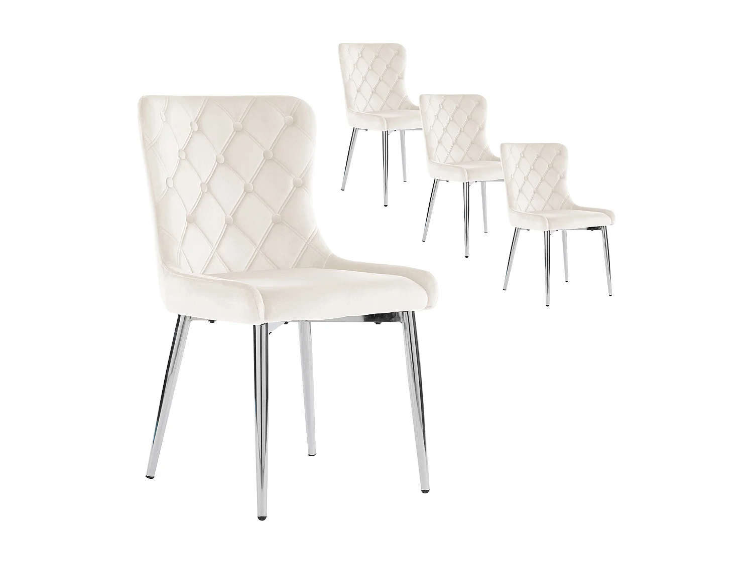 Lot de 4 chaises de salle à manger sans accoudoirs - 50 x 63 x 86 cm - Velours et pieds en fer argenté - Blanc