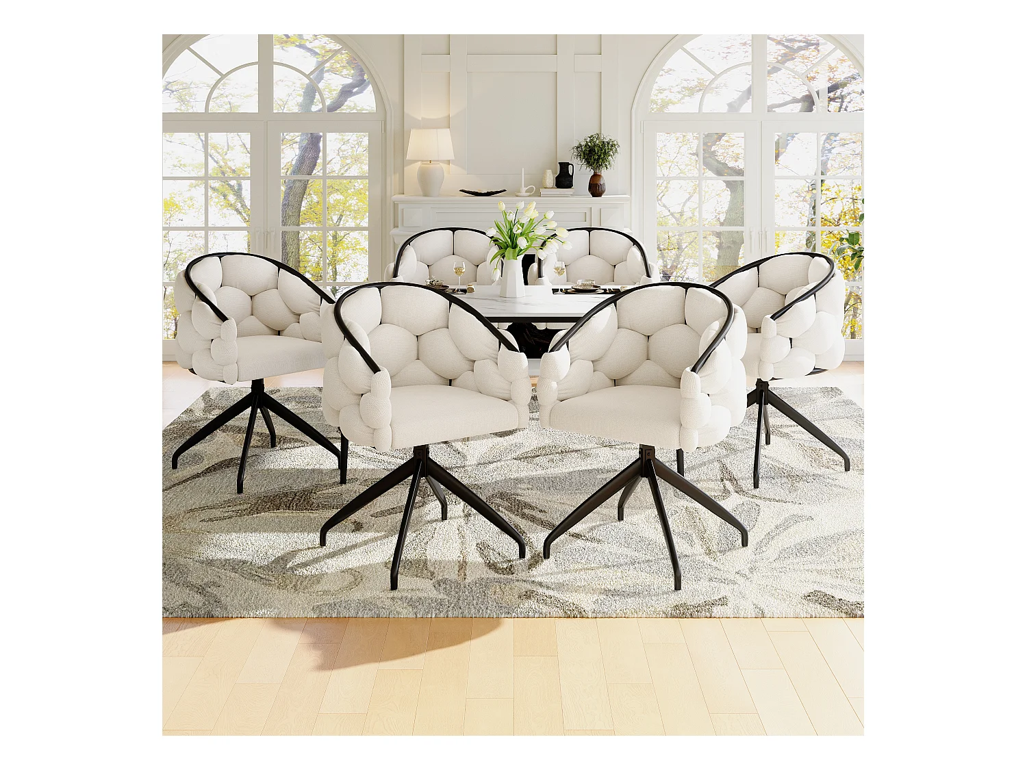 Lot de 6 chaises de salle à manger pivotantes - 61 x 59 x 77.5 cm - Velours et pieds en fer - Beige + noir