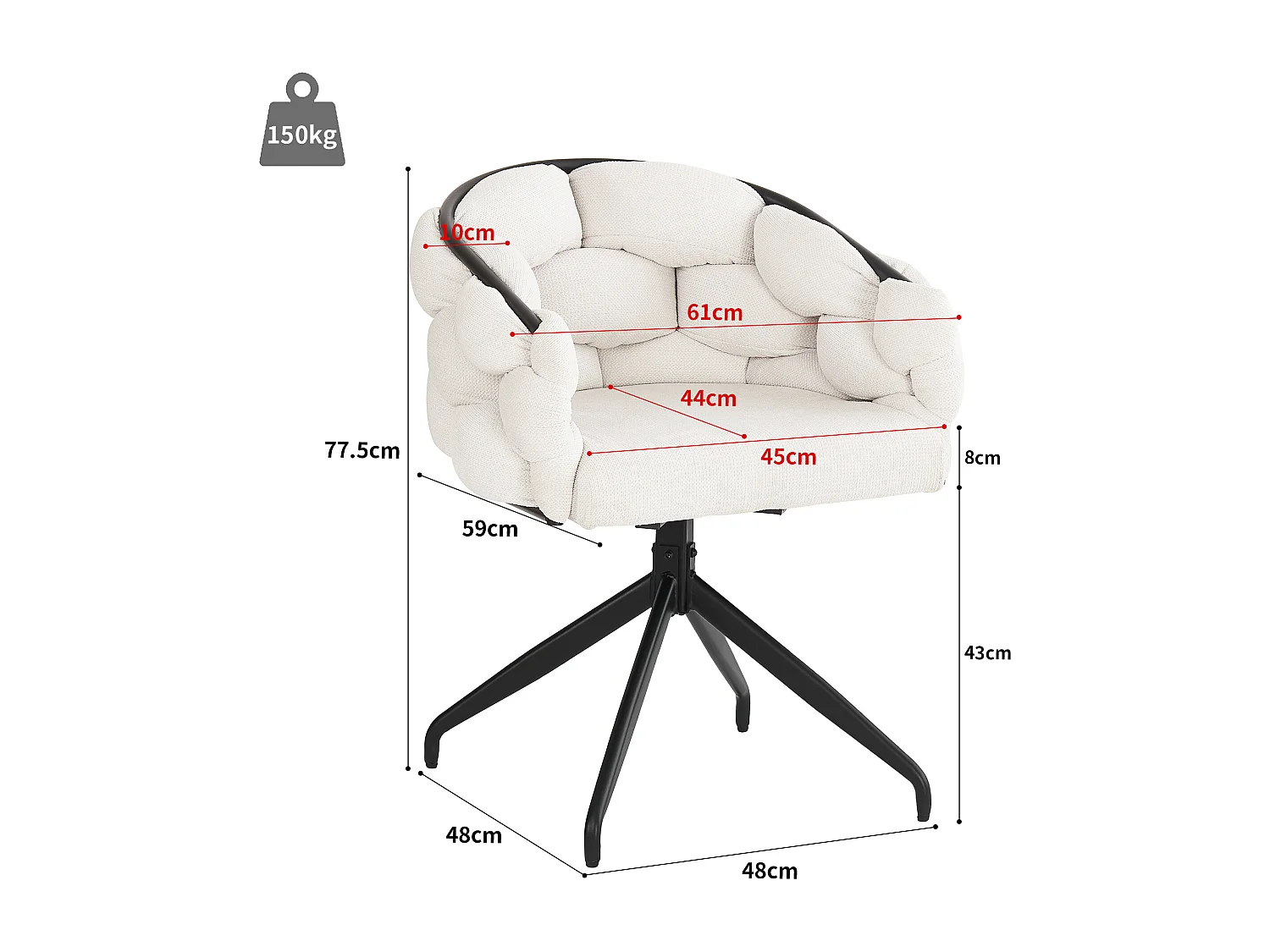 Lot de 6 chaises de salle à manger pivotantes - 61 x 59 x 77.5 cm - Velours et pieds en fer - Beige + noir