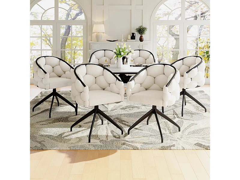Set mit 6 drehbaren Esszimmerstühlen - 61 x 59 x 77,5 cm - Samt und Eisenbeine - Beige + Schwarz
