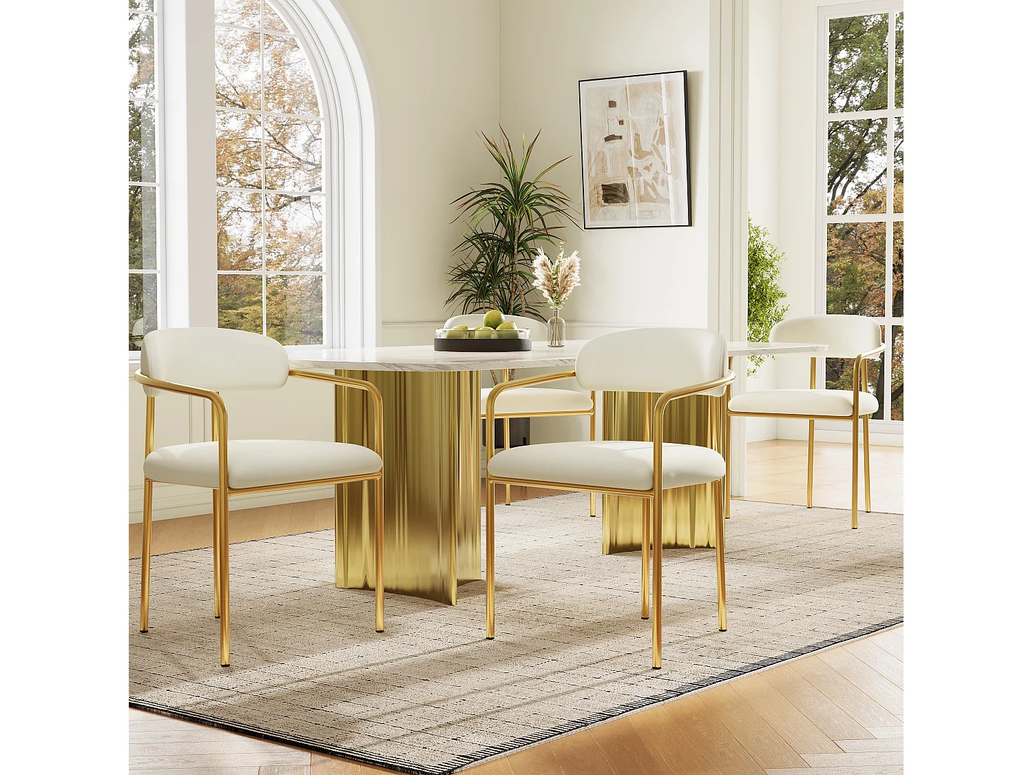 Lot de 4 chaises de salle à manger avec dossier et accoudoirs - 55 x 45.5 x 76.5 cm - Velours et pieds en fer plaqué or - Beige