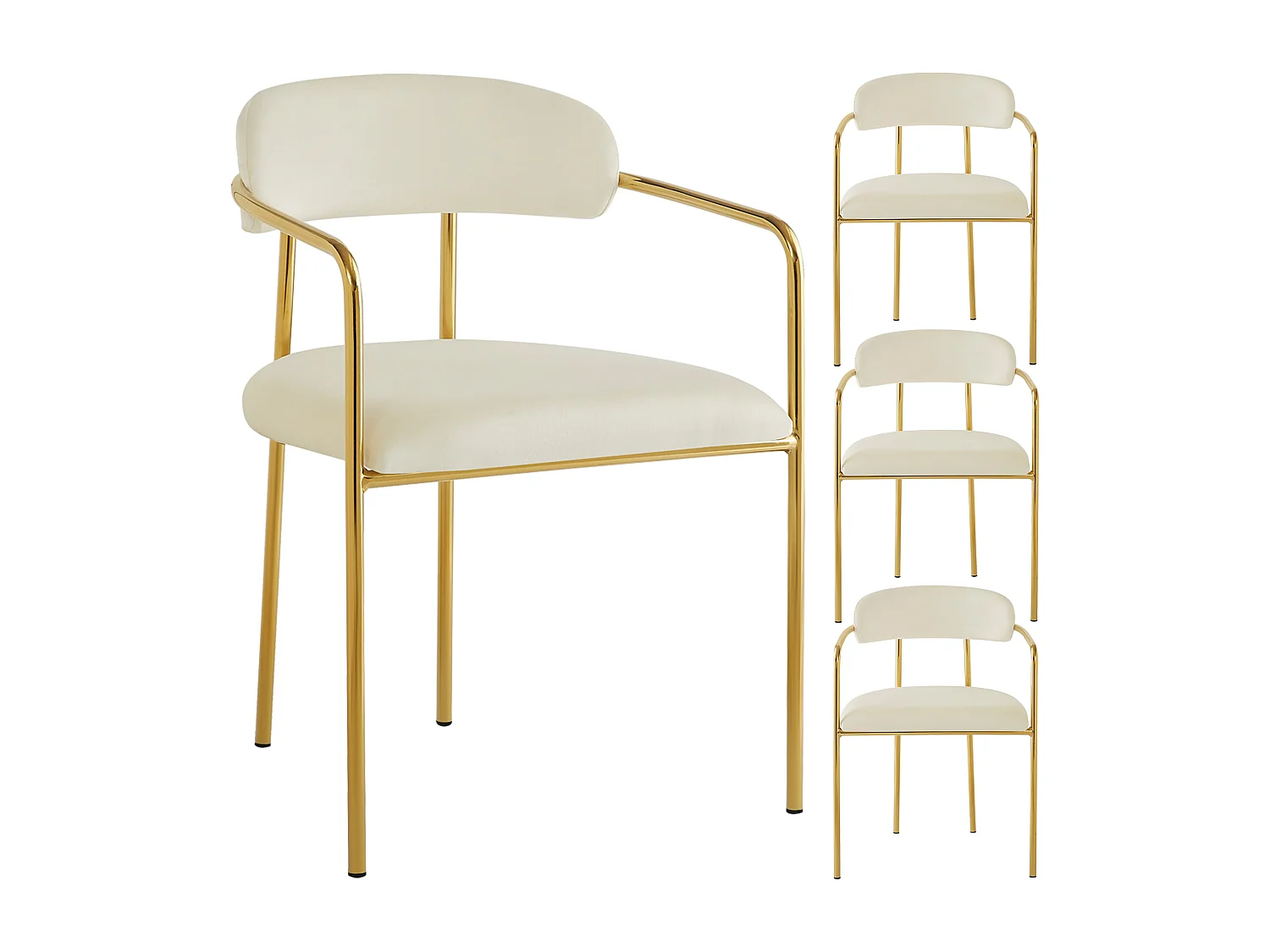 Lot de 4 chaises de salle à manger avec dossier et accoudoirs - 55 x 45.5 x 76.5 cm - Velours et pieds en fer plaqué or - Beige