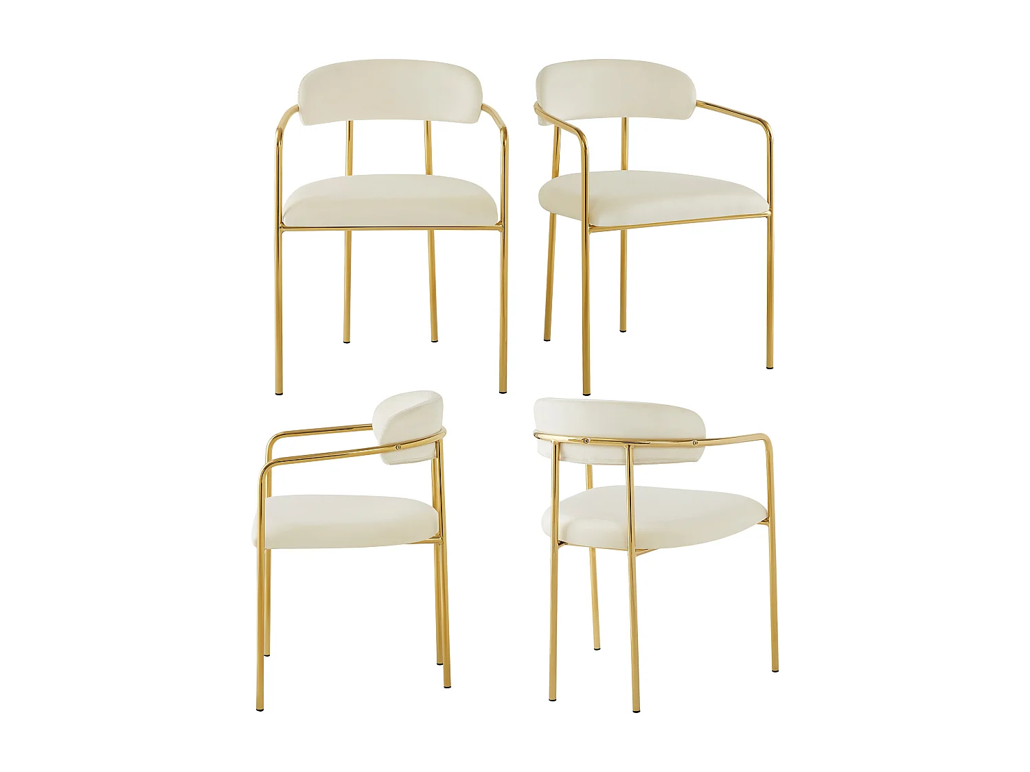 Lot de 4 chaises de salle à manger avec dossier et accoudoirs - 55 x 45.5 x 76.5 cm - Velours et pieds en fer plaqué or - Beige