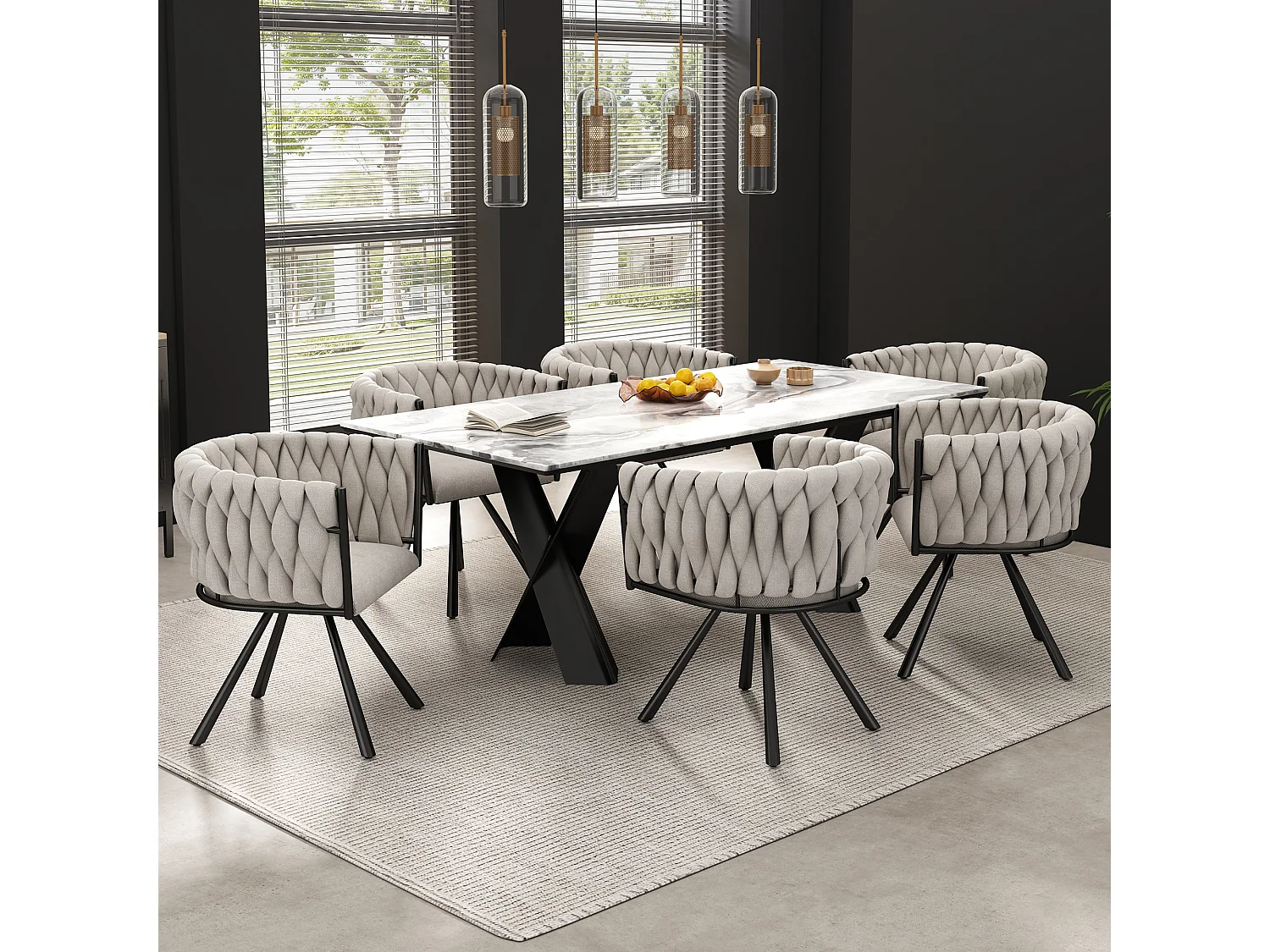 Set van 6 draaibare eetkamerstoelen met armleuningen - 59 x 54 x 72 cm - Linnen stof - Beige + Zwart