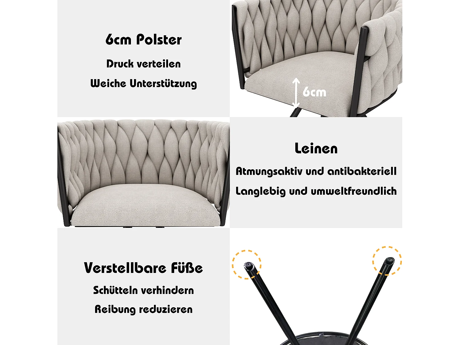 Set di 6 sedie da pranzo girevoli con braccioli - 59 x 54 x 72 cm - Tessuto di lino - Beige + Nero