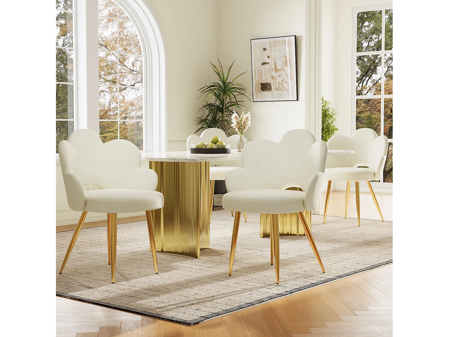 Conjunto de 4 cadeiras de jantar - 50 x 46,5 x 85 cm - Veludo e pernas de ferro galvanizado dourado - Design floral - Bege