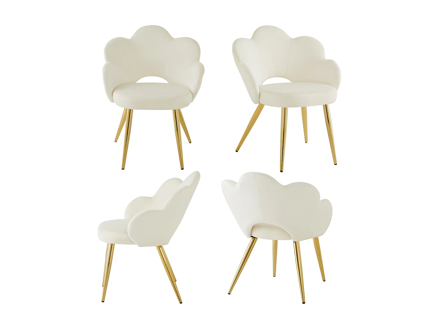 Conjunto de 4 cadeiras de jantar - 50 x 46,5 x 85 cm - Veludo e pernas de ferro galvanizado dourado - Design floral - Bege