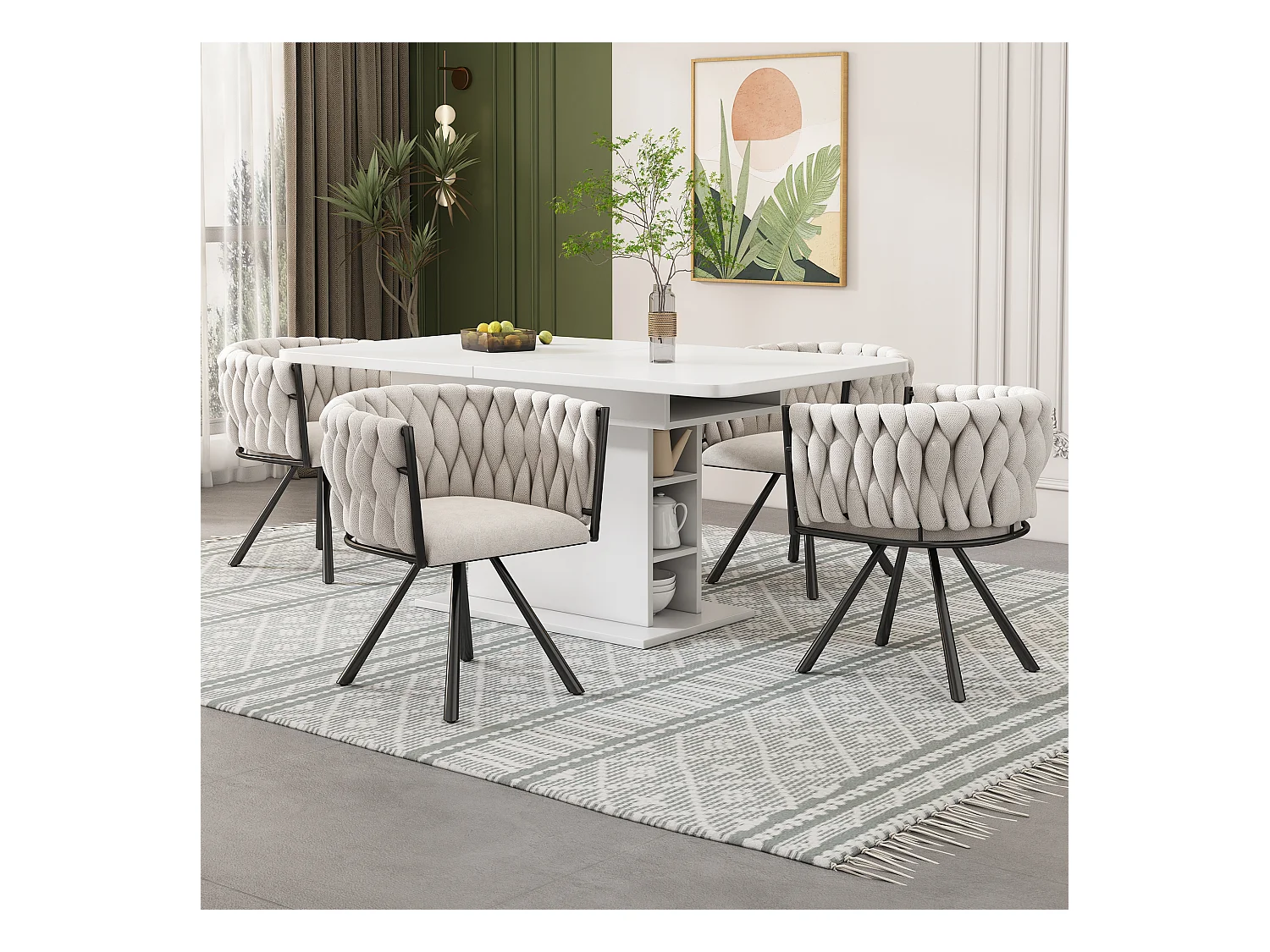 Set di 4 sedie da pranzo girevoli con braccioli - 59 x 54 x 72 cm - Tessuto di lino - Beige + Nero