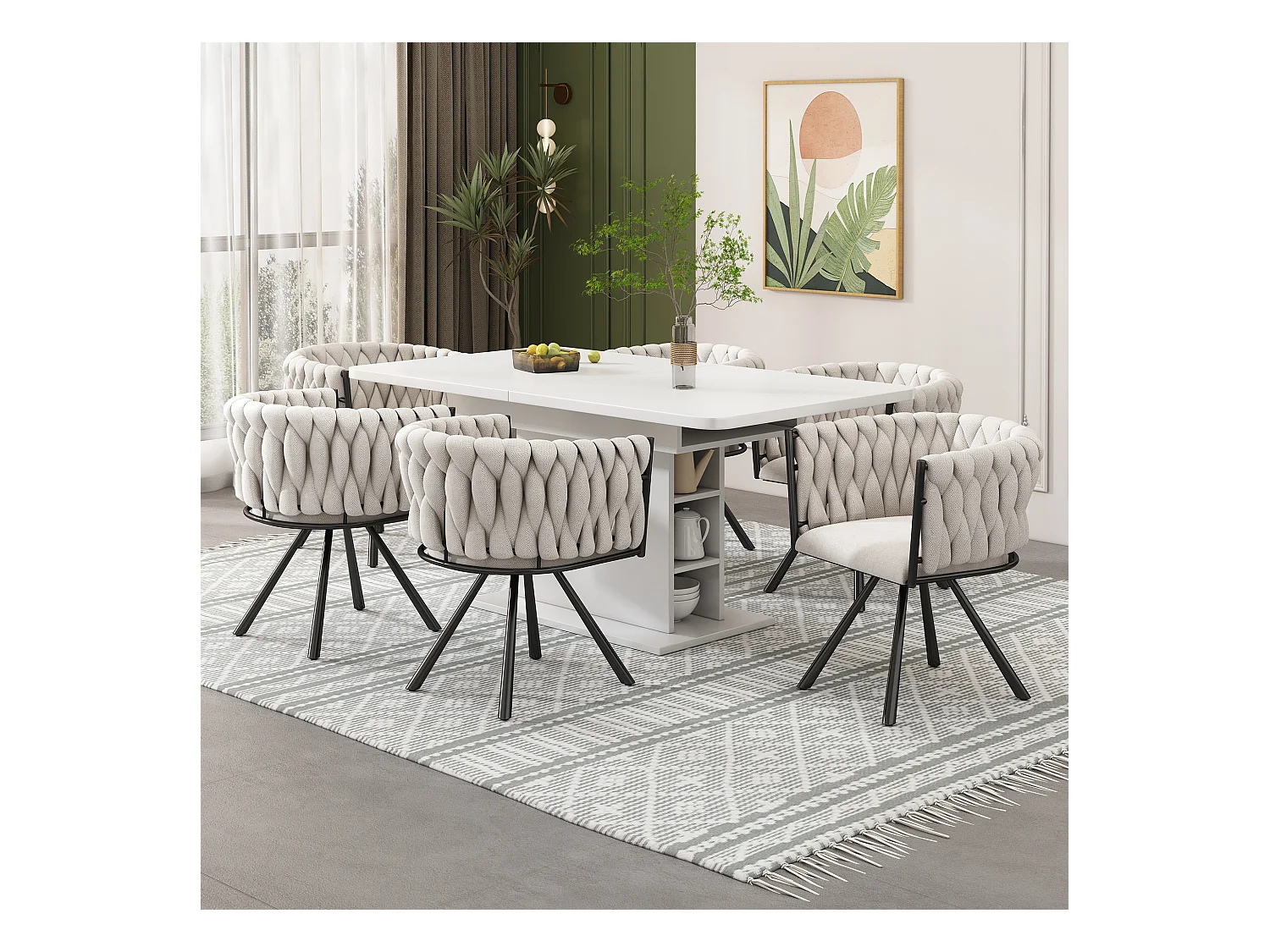 Set di 4 sedie da pranzo girevoli con braccioli - 59 x 54 x 72 cm - Tessuto di lino - Beige + Nero