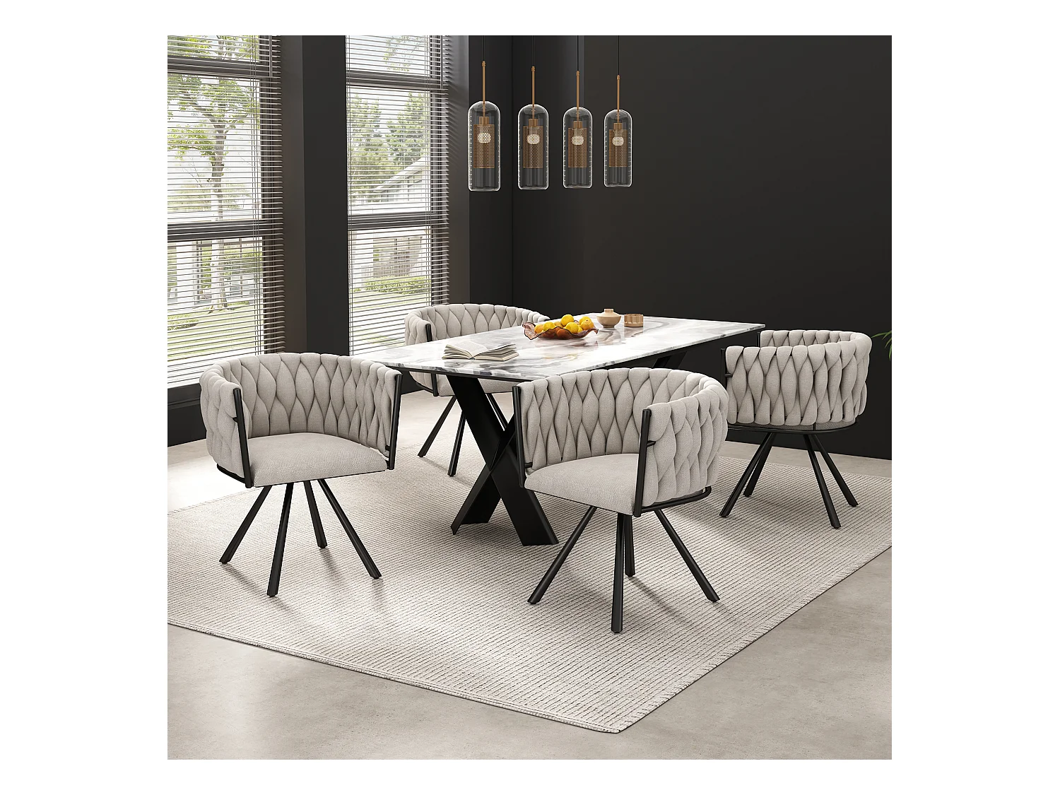 Set di 4 sedie da pranzo girevoli con braccioli - 59 x 54 x 72 cm - Tessuto di lino - Beige + Nero