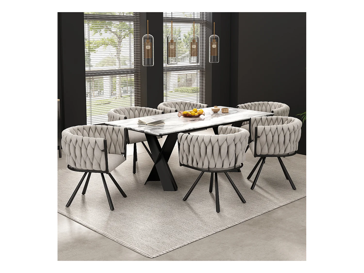 Set di 4 sedie da pranzo girevoli con braccioli - 59 x 54 x 72 cm - Tessuto di lino - Beige + Nero
