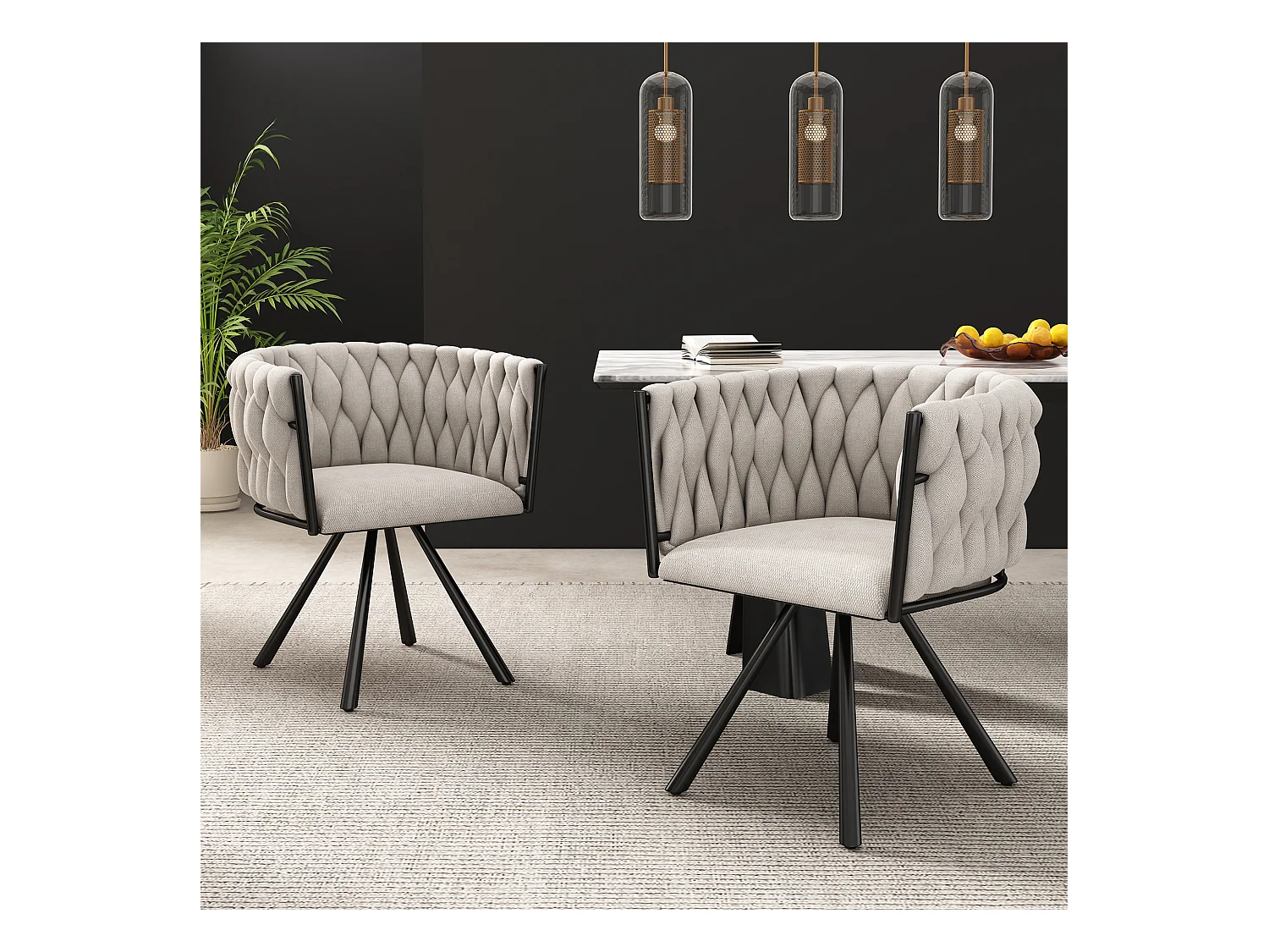 Set di 4 sedie da pranzo girevoli con braccioli - 59 x 54 x 72 cm - Tessuto di lino - Beige + Nero
