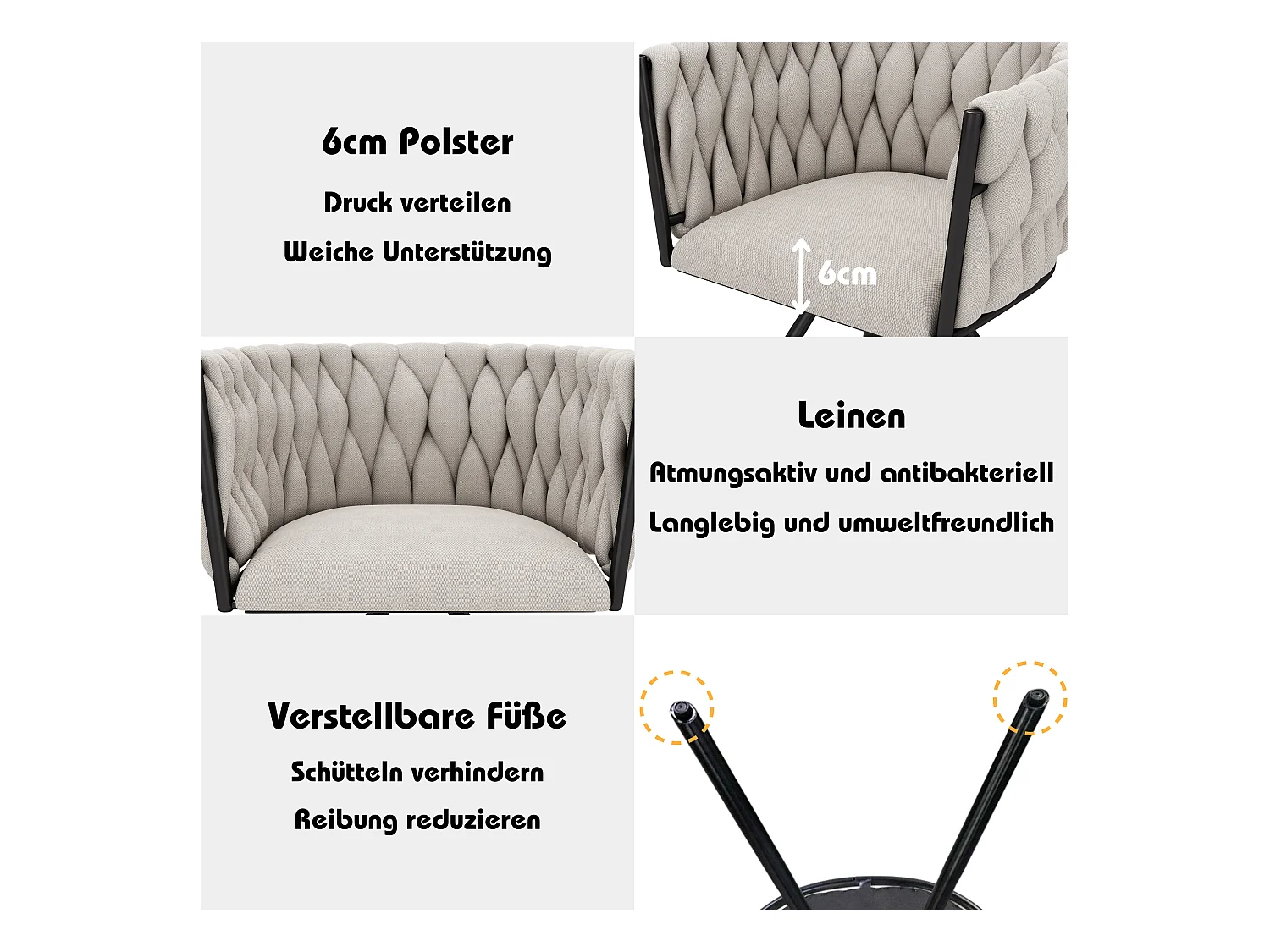 Set di 4 sedie da pranzo girevoli con braccioli - 59 x 54 x 72 cm - Tessuto di lino - Beige + Nero