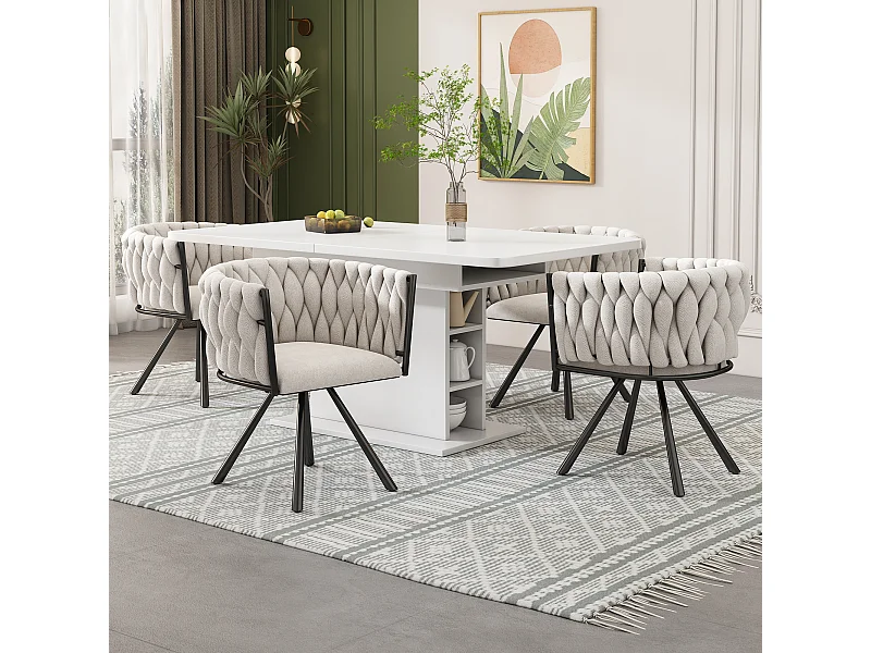 Conjunto de 4 cadeiras de jantar giratórias com braços - 59 x 54 x 72 cm - Tecido de linho - Bege + Preto