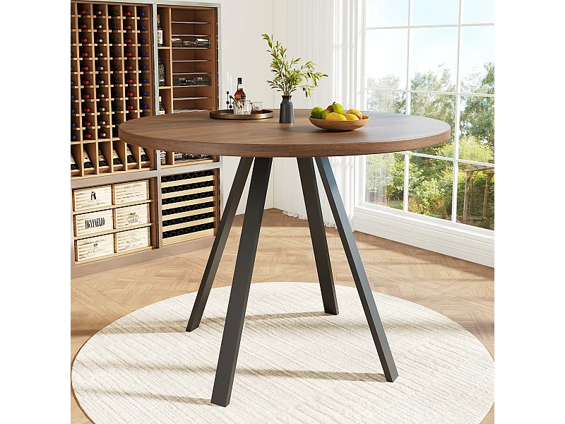 Table à manger ronde 4 à 6 couverts - 80 x 80 x 75 cm - MDF et pieds en métal - Couleur noyer