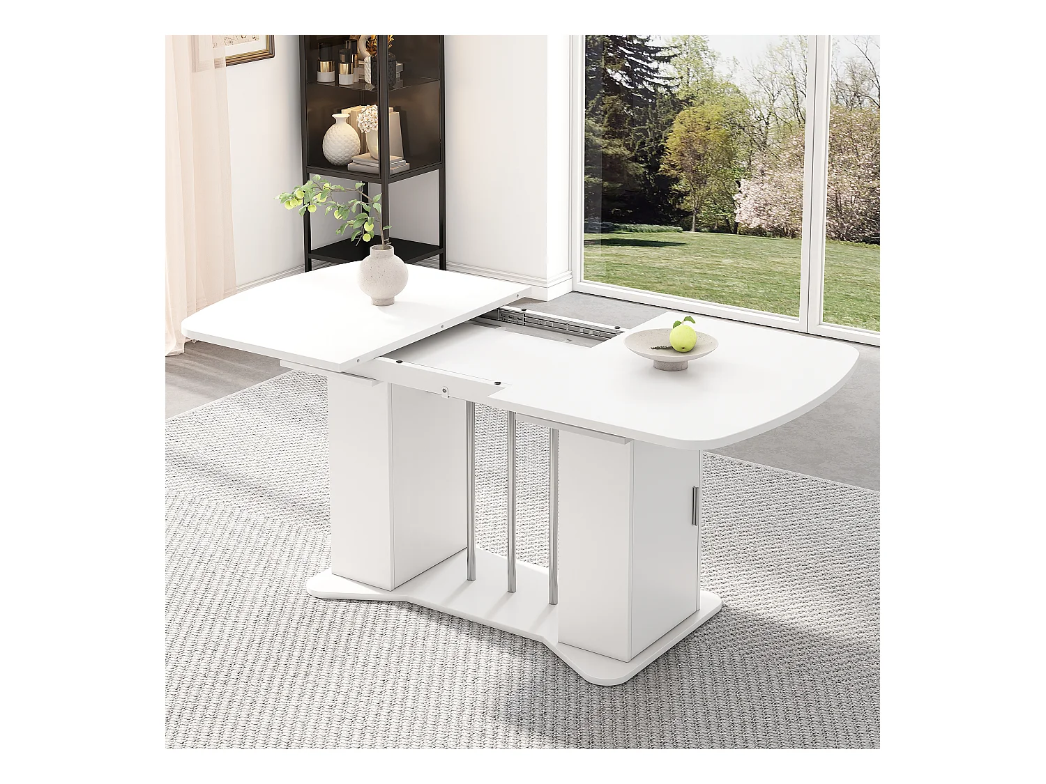 Ausziehbarer Esstisch für 4 bis 6 Personen mit 2 Türen - 120/160 x 80 x 75 cm - MDF-Holz - Weiß + silberne Beine