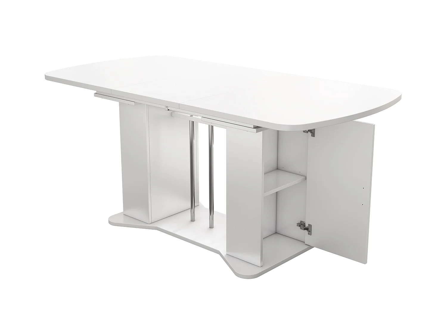 Ausziehbarer Esstisch für 4 bis 6 Personen mit 2 Türen - 120/160 x 80 x 75 cm - MDF-Holz - Weiß + silberne Beine