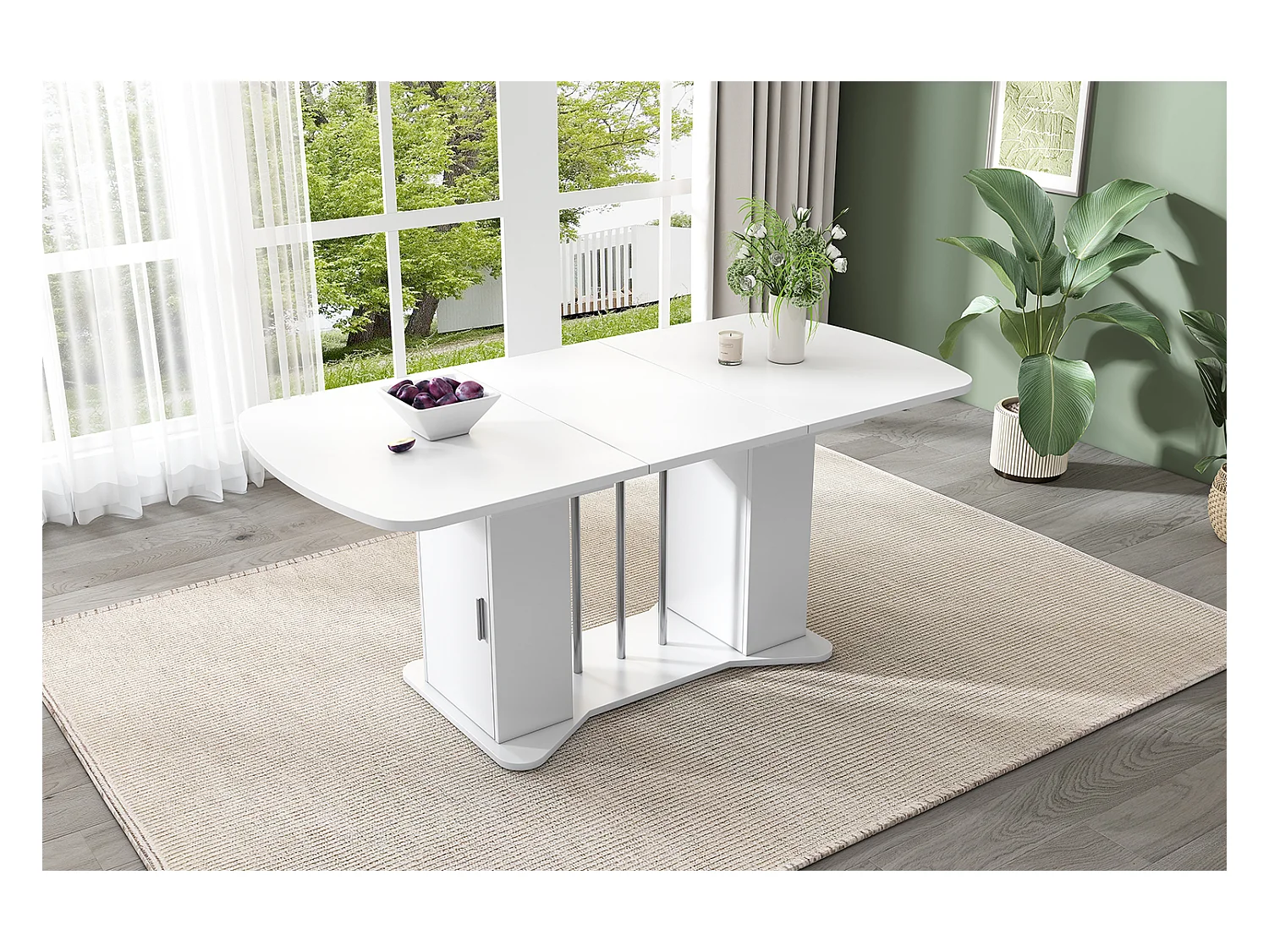 Ausziehbarer Esstisch für 4 bis 6 Personen mit 2 Türen - 120/160 x 80 x 75 cm - MDF-Holz - Weiß + silberne Beine