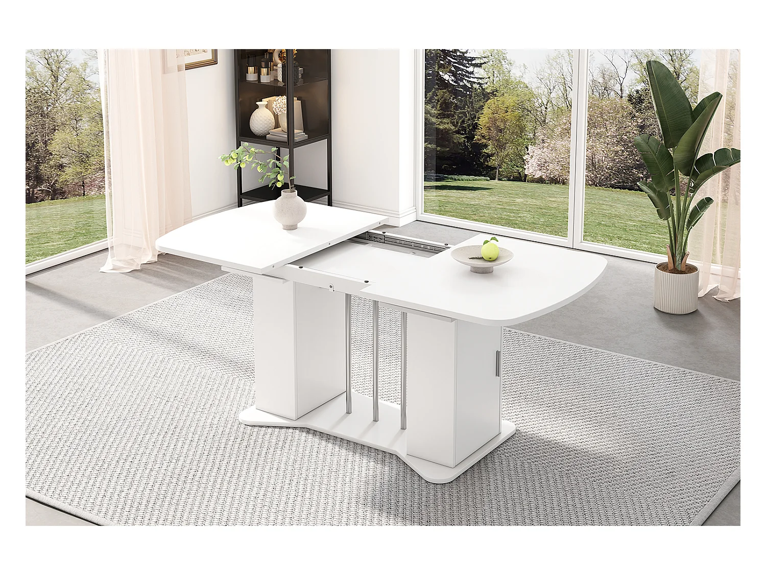 Ausziehbarer Esstisch für 4 bis 6 Personen mit 2 Türen - 120/160 x 80 x 75 cm - MDF-Holz - Weiß + silberne Beine