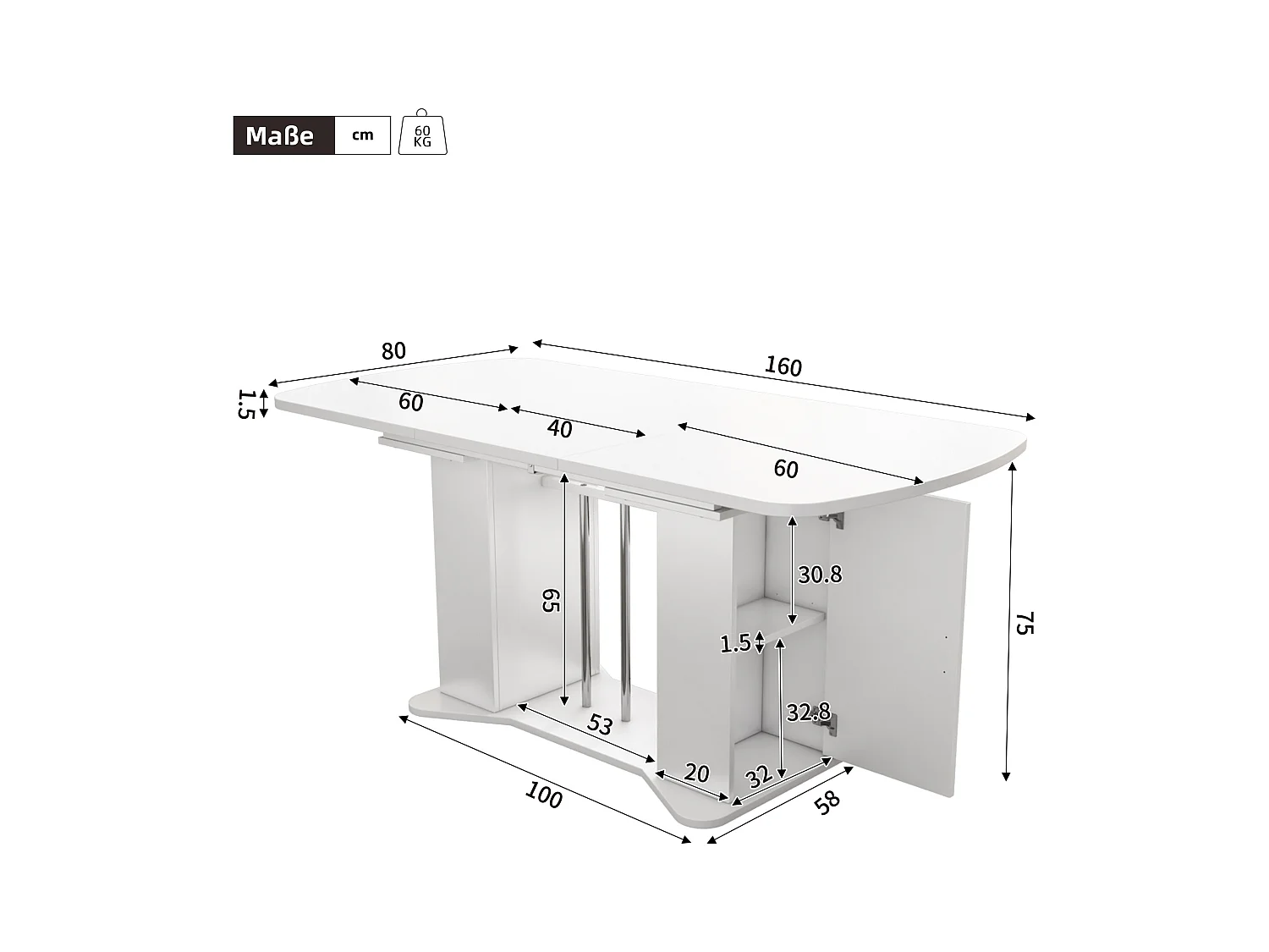 Ausziehbarer Esstisch für 4 bis 6 Personen mit 2 Türen - 120/160 x 80 x 75 cm - MDF-Holz - Weiß + silberne Beine