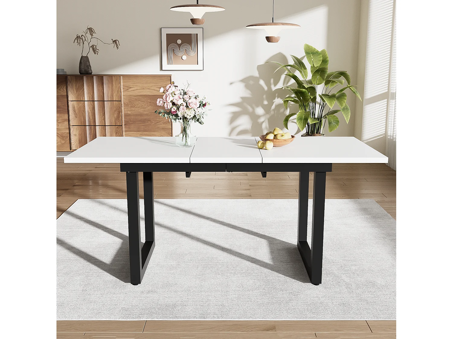 Table à manger extensible 4 à 6 couverts - 140/180 x 80 x 75 cm - MDF et pièds en fer - Effet marbre - Blanc