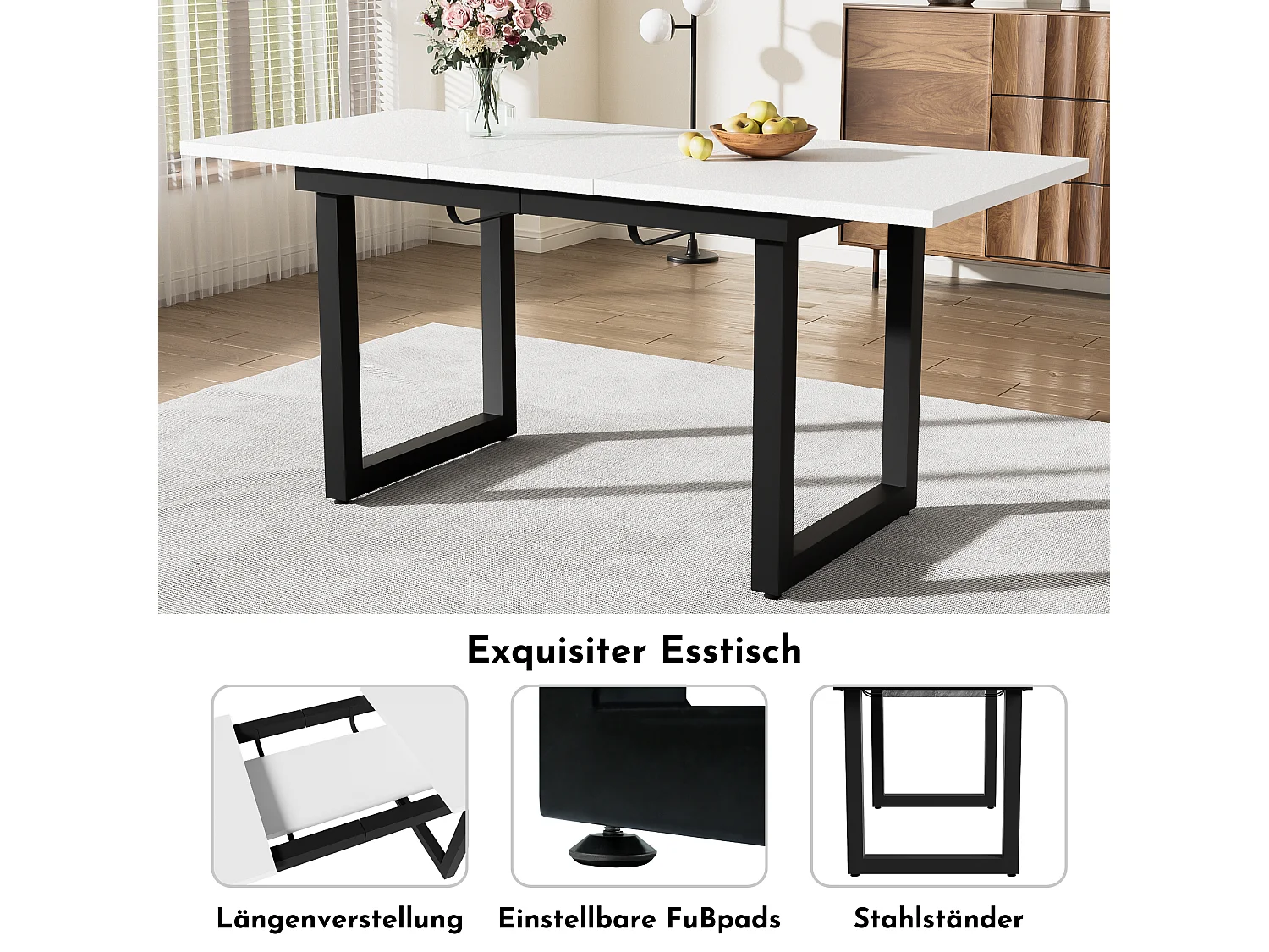 Table à manger extensible 4 à 6 couverts - 140/180 x 80 x 75 cm - MDF et pièds en fer - Effet marbre - Blanc