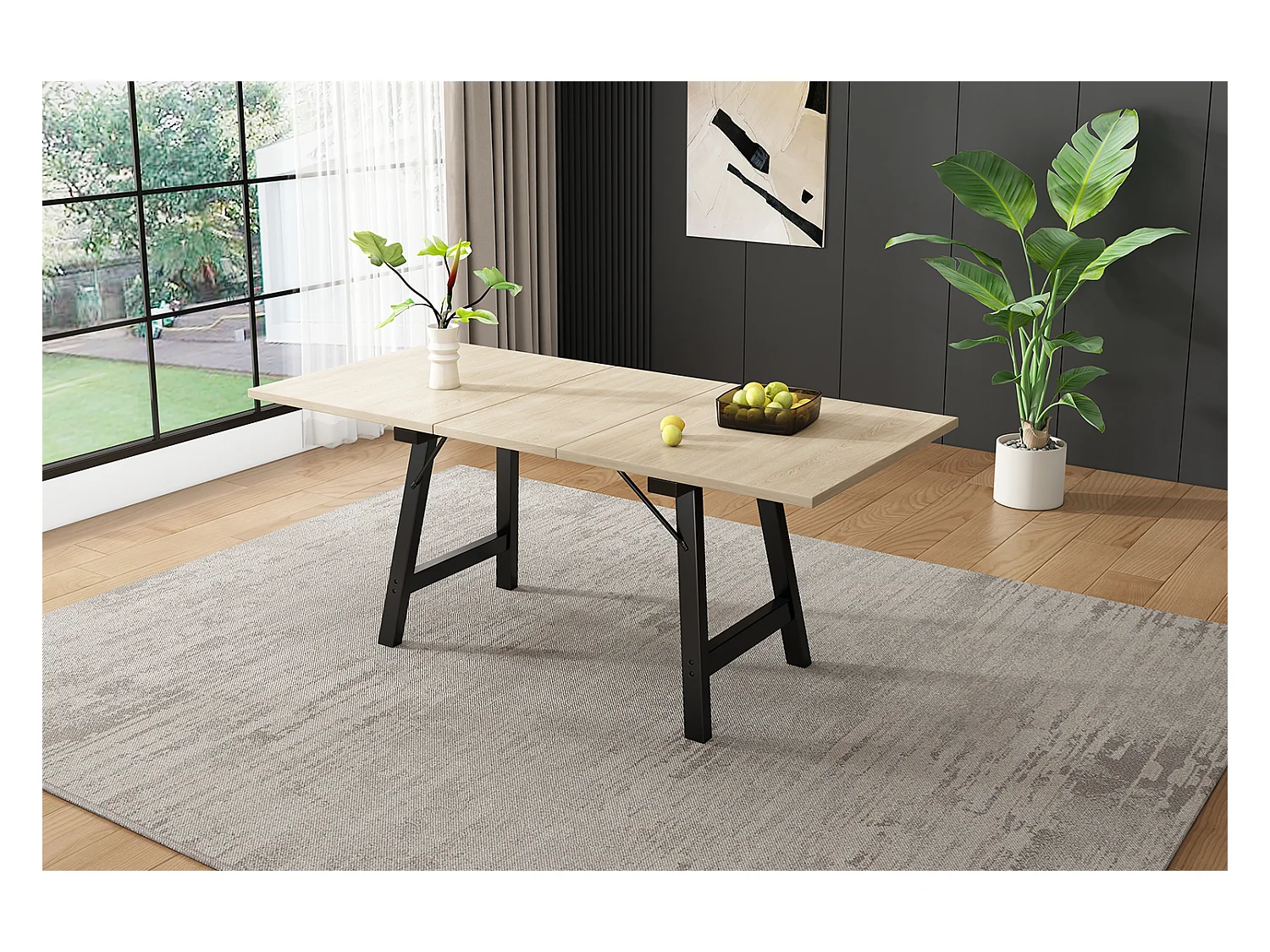 Table à manger extensible 4 à 6 couverts - 140/180 x 80 x 75 cm - Bois MDF et pieds en métal - Naturel