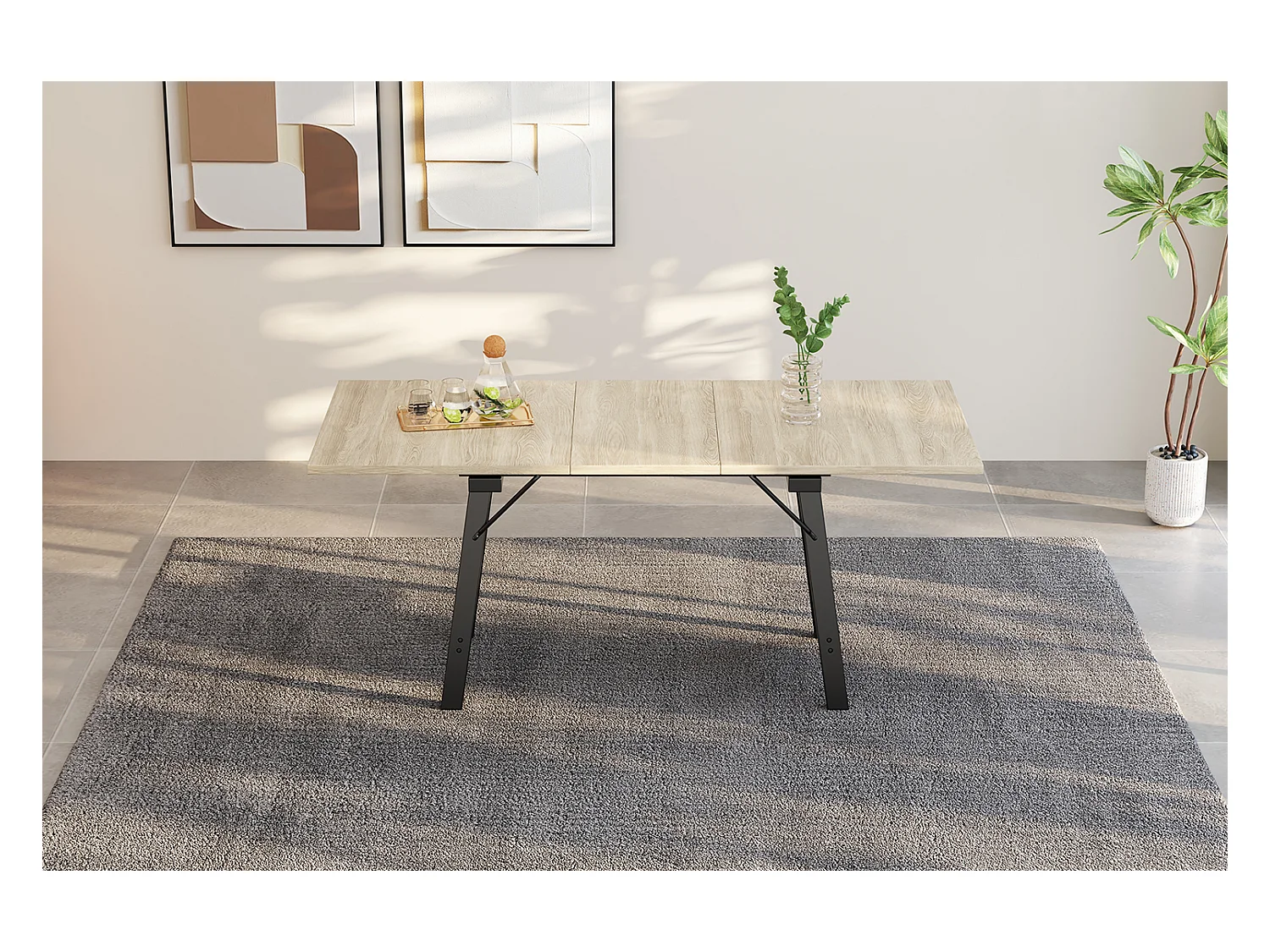 Table à manger extensible 4 à 6 couverts - 140/180 x 80 x 75 cm - Bois MDF et pieds en métal - Naturel