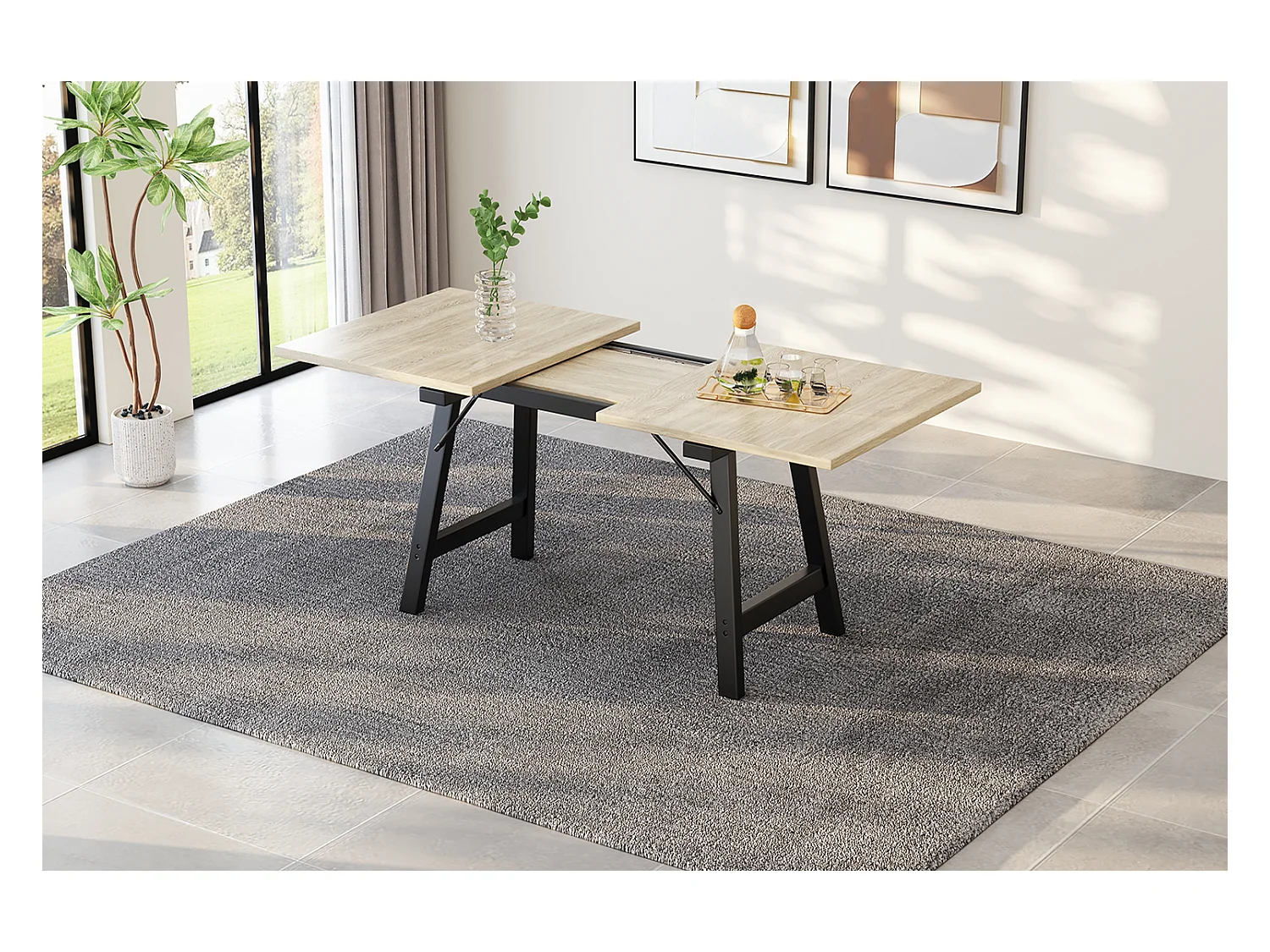 Table à manger extensible 4 à 6 couverts - 140/180 x 80 x 75 cm - Bois MDF et pieds en métal - Naturel