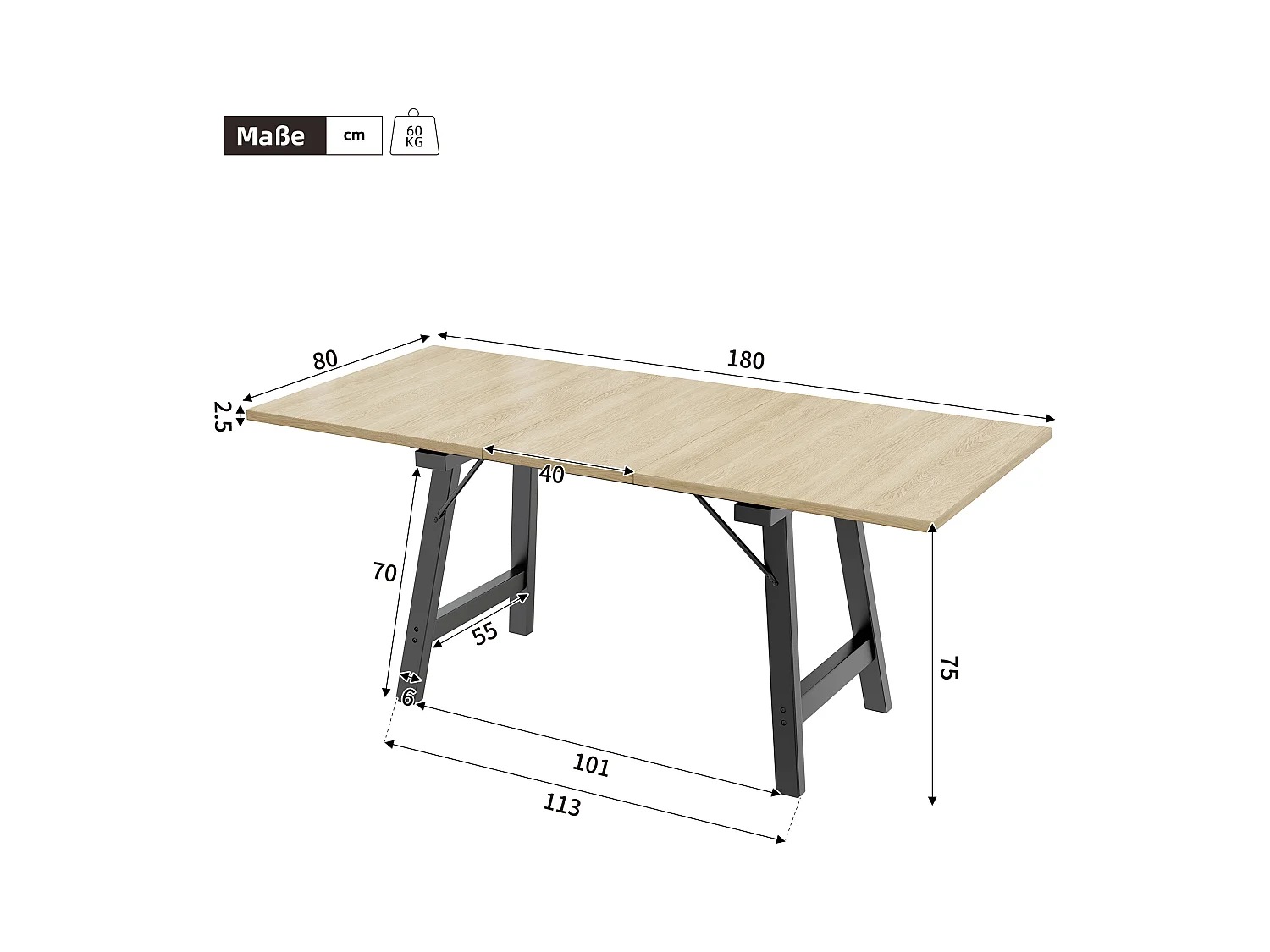Table à manger extensible 4 à 6 couverts - 140/180 x 80 x 75 cm - Bois MDF et pieds en métal - Naturel