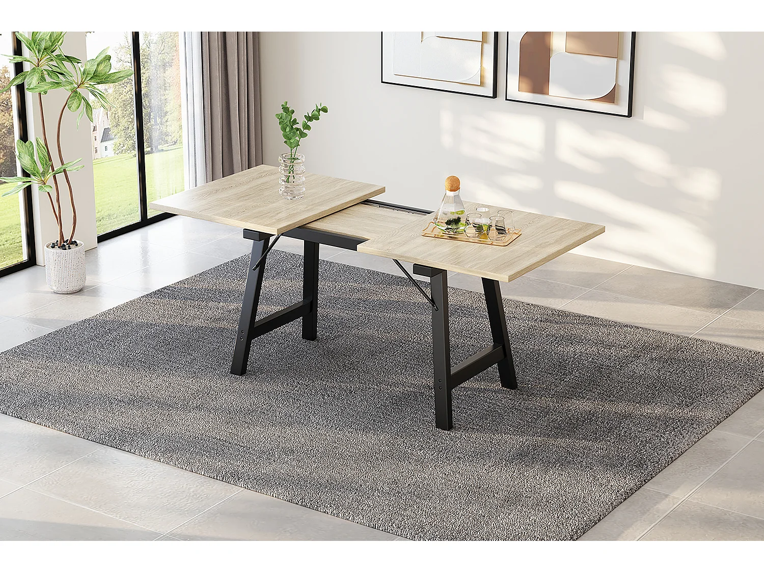 Table à manger extensible 4 à 6 couverts - 140/180 x 80 x 75 cm - Bois MDF et pieds en métal - Naturel