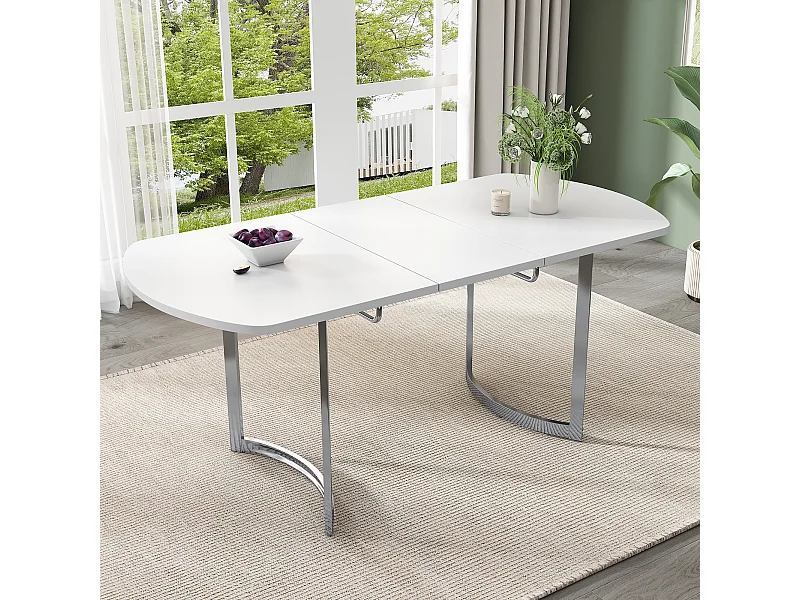 Table à manger extensible 4 à 6 couverts - 140/180 x 80 x 75.5 cm - Bois MDF et pieds en métal - Blanc + argent