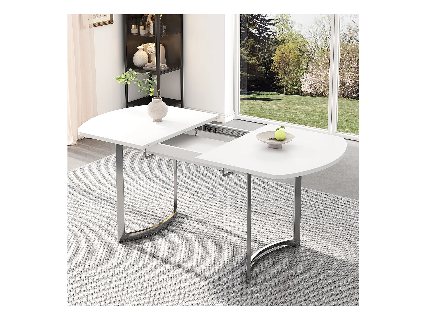 Table à manger extensible 4 à 6 couverts - 140/180 x 80 x 75.5 cm - Bois MDF et pieds en métal - Blanc + argent