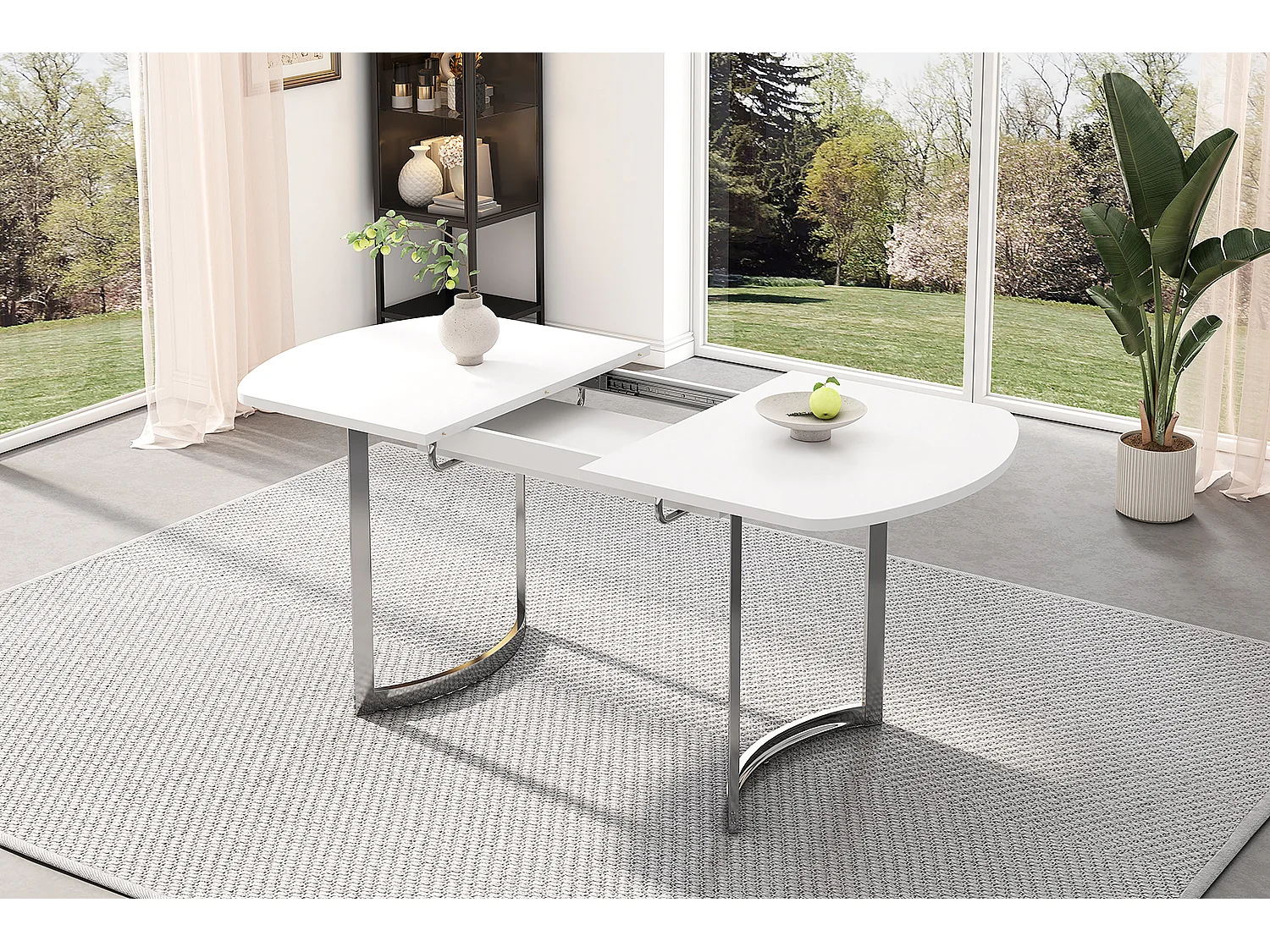 Table à manger extensible 4 à 6 couverts - 140/180 x 80 x 75.5 cm - Bois MDF et pieds en métal - Blanc + argent