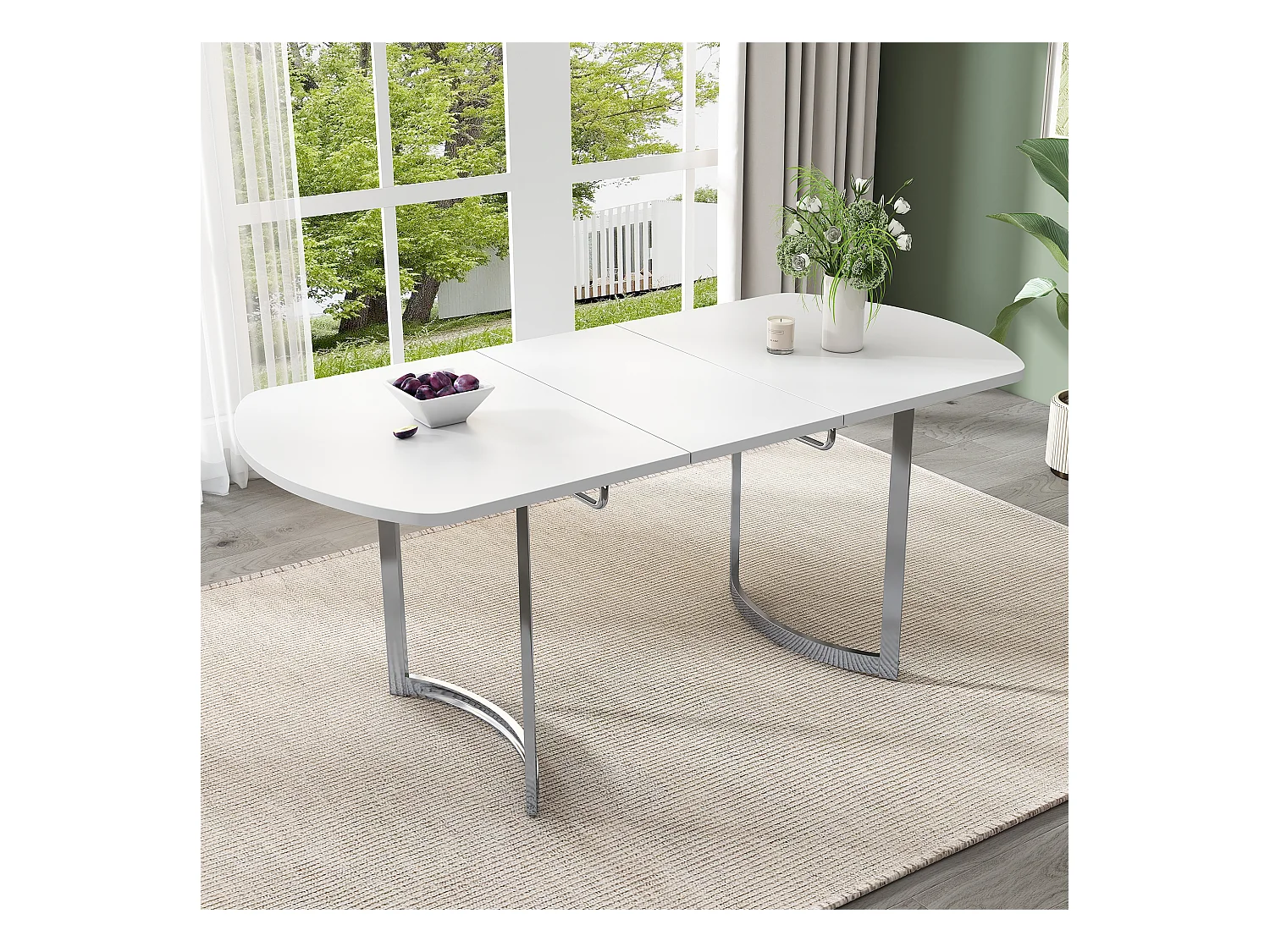 Table à manger extensible 4 à 6 couverts - 140/180 x 80 x 75.5 cm - Bois MDF et pieds en métal - Blanc + argent