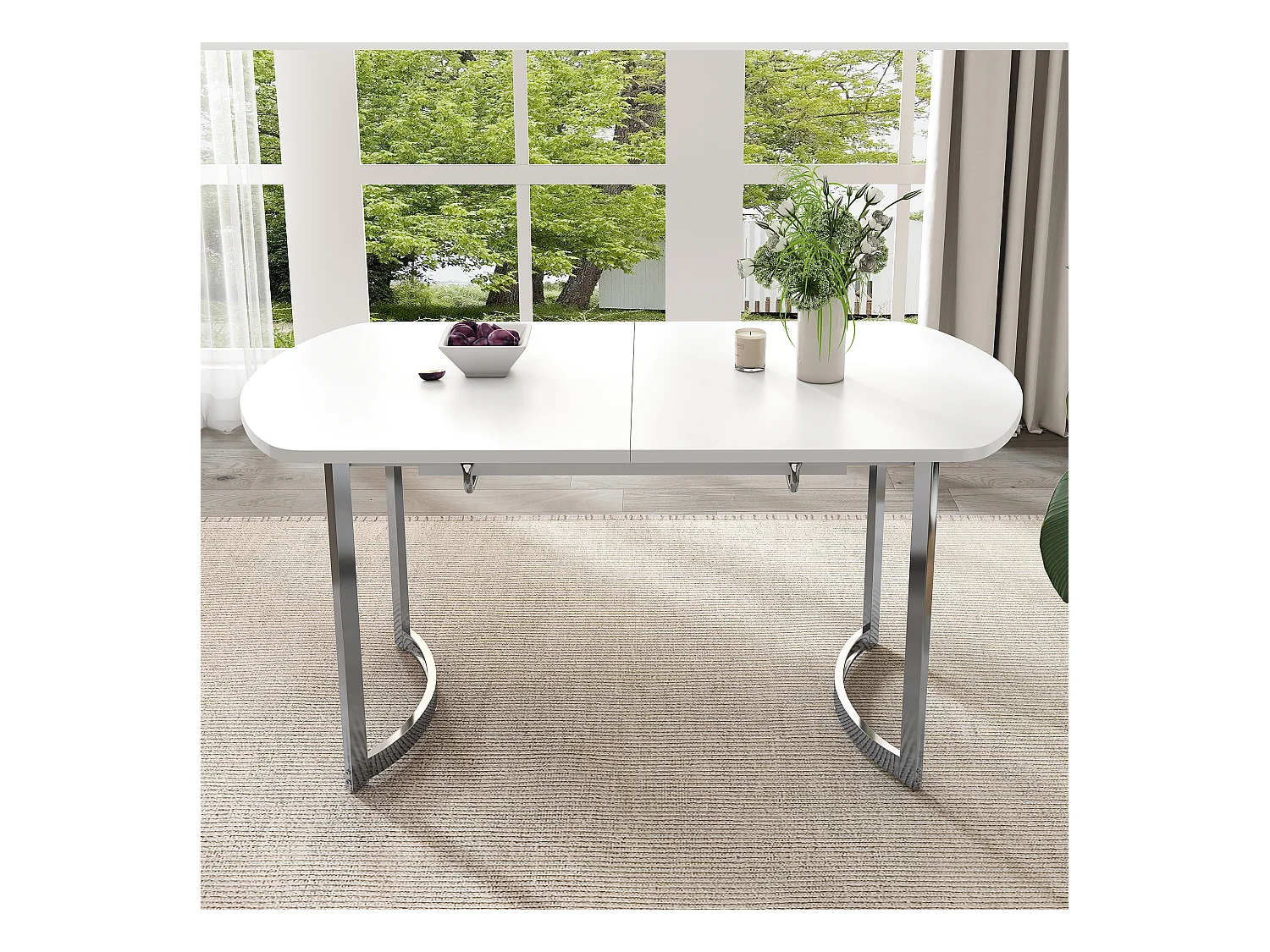 Ausziehbarer Esstisch für 4 bis 6 Personen - 140/180 x 80 x 75,5 cm - MDF-Holz und Metallbeine - Weiß + Silber