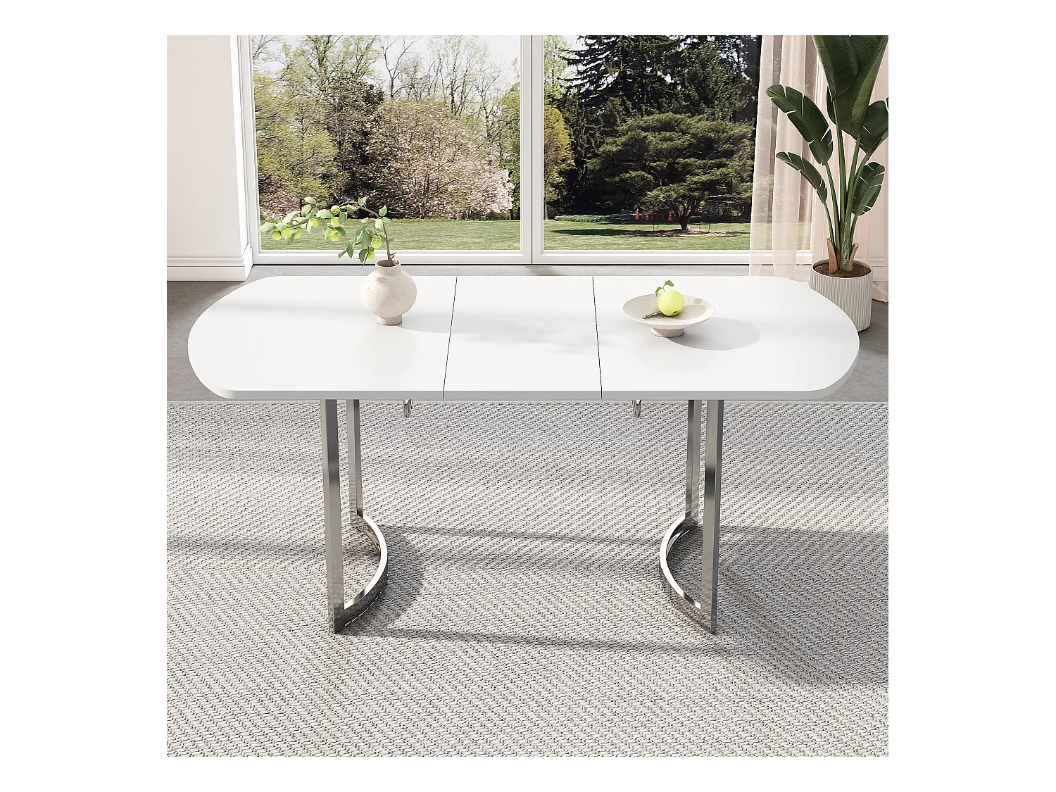 Ausziehbarer Esstisch für 4 bis 6 Personen - 140/180 x 80 x 75,5 cm - MDF-Holz und Metallbeine - Weiß + Silber