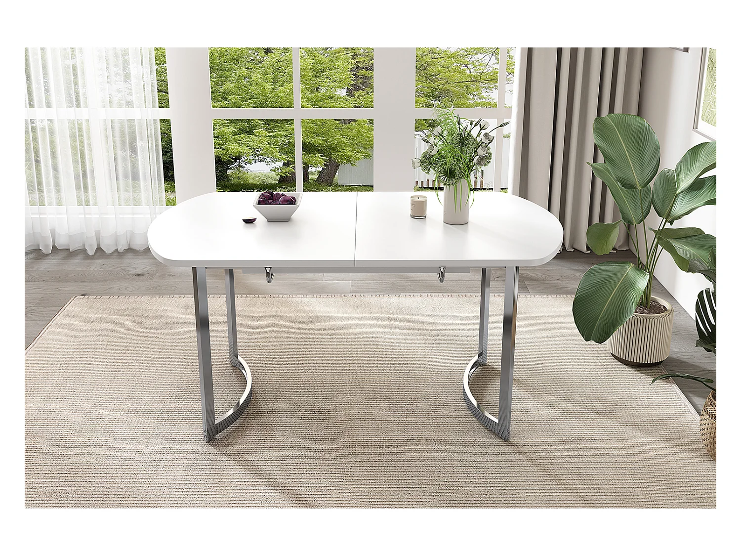 Ausziehbarer Esstisch für 4 bis 6 Personen - 140/180 x 80 x 75,5 cm - MDF-Holz und Metallbeine - Weiß + Silber