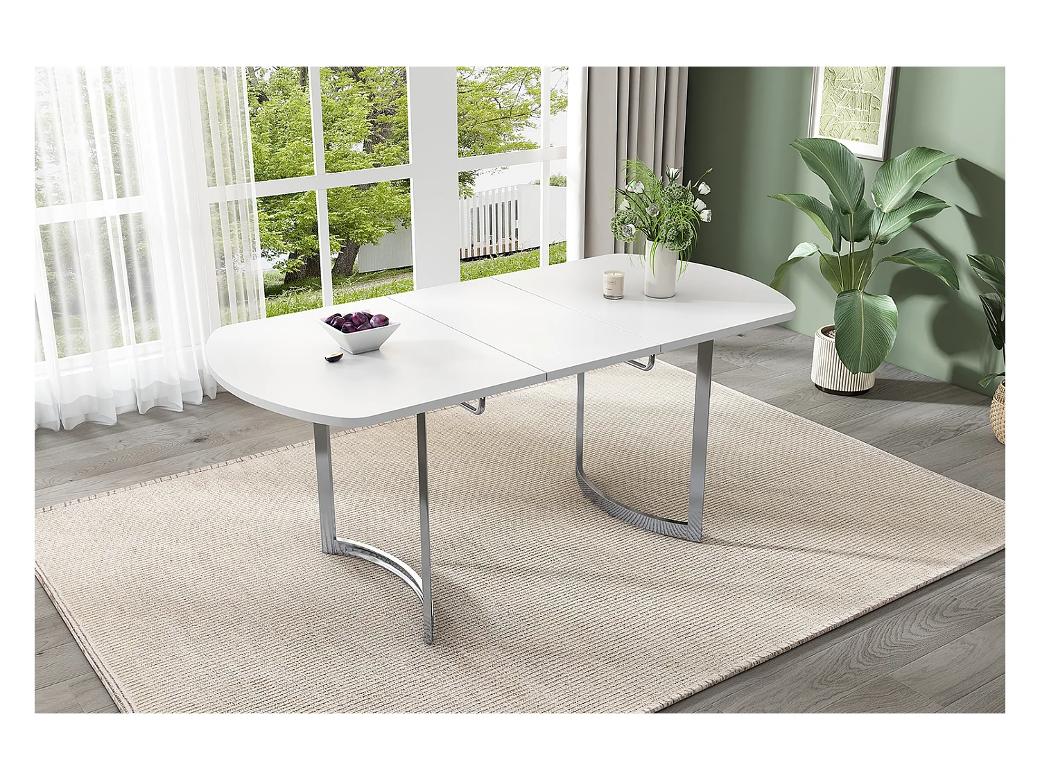 Ausziehbarer Esstisch für 4 bis 6 Personen - 140/180 x 80 x 75,5 cm - MDF-Holz und Metallbeine - Weiß + Silber