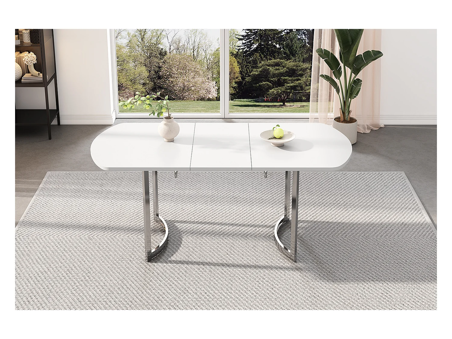 Ausziehbarer Esstisch für 4 bis 6 Personen - 140/180 x 80 x 75,5 cm - MDF-Holz und Metallbeine - Weiß + Silber