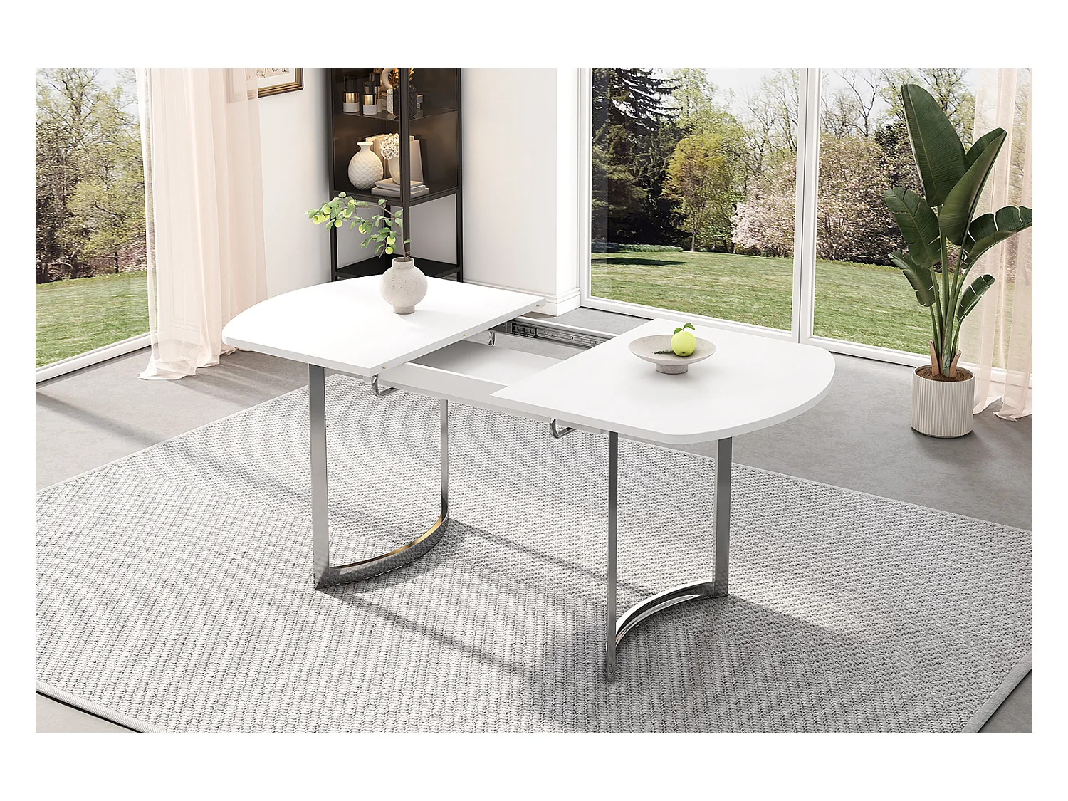 Ausziehbarer Esstisch für 4 bis 6 Personen - 140/180 x 80 x 75,5 cm - MDF-Holz und Metallbeine - Weiß + Silber